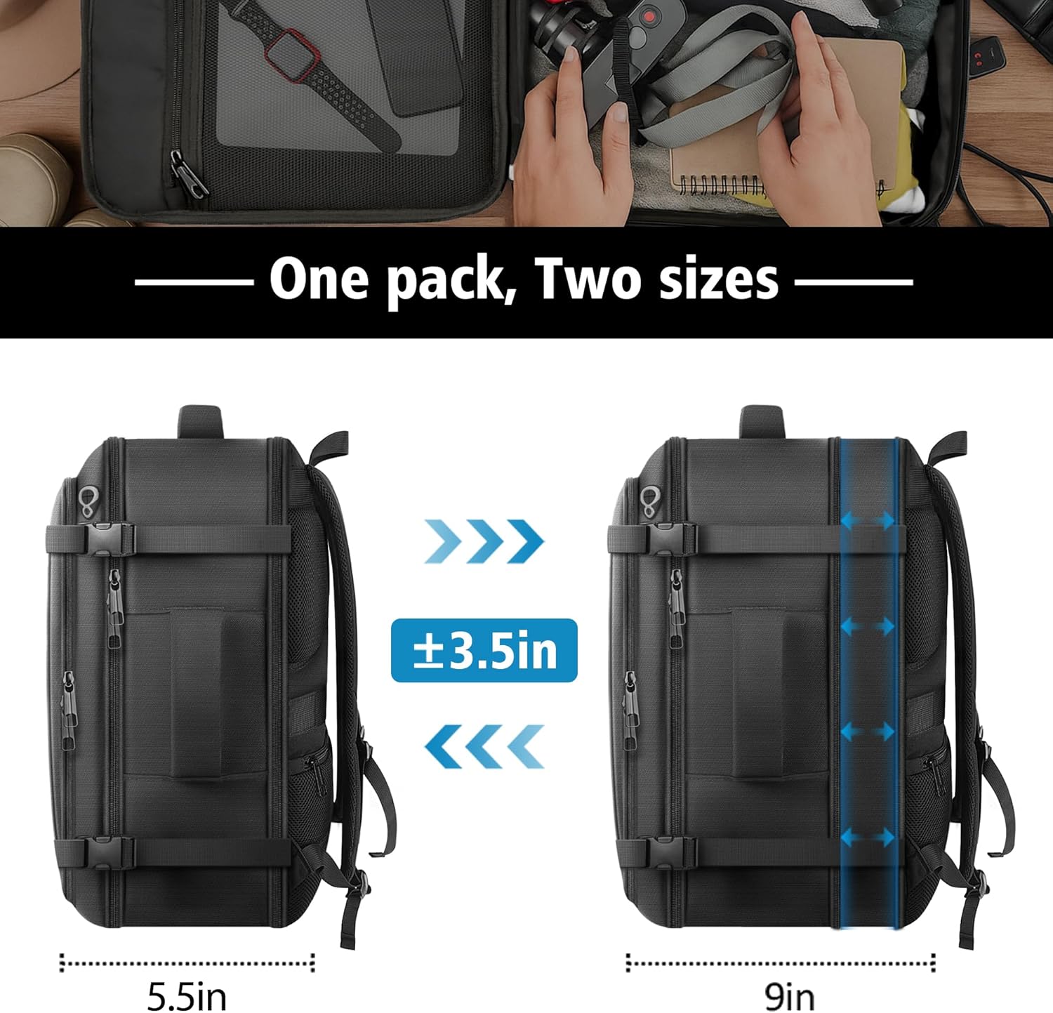 Thumbnail 3 de HULVION Roomy Carry On Backpack with Expandable Large Capacity, USB Cable Port & Lifetime Warranty (Fits 18.4" Laptop) – Black