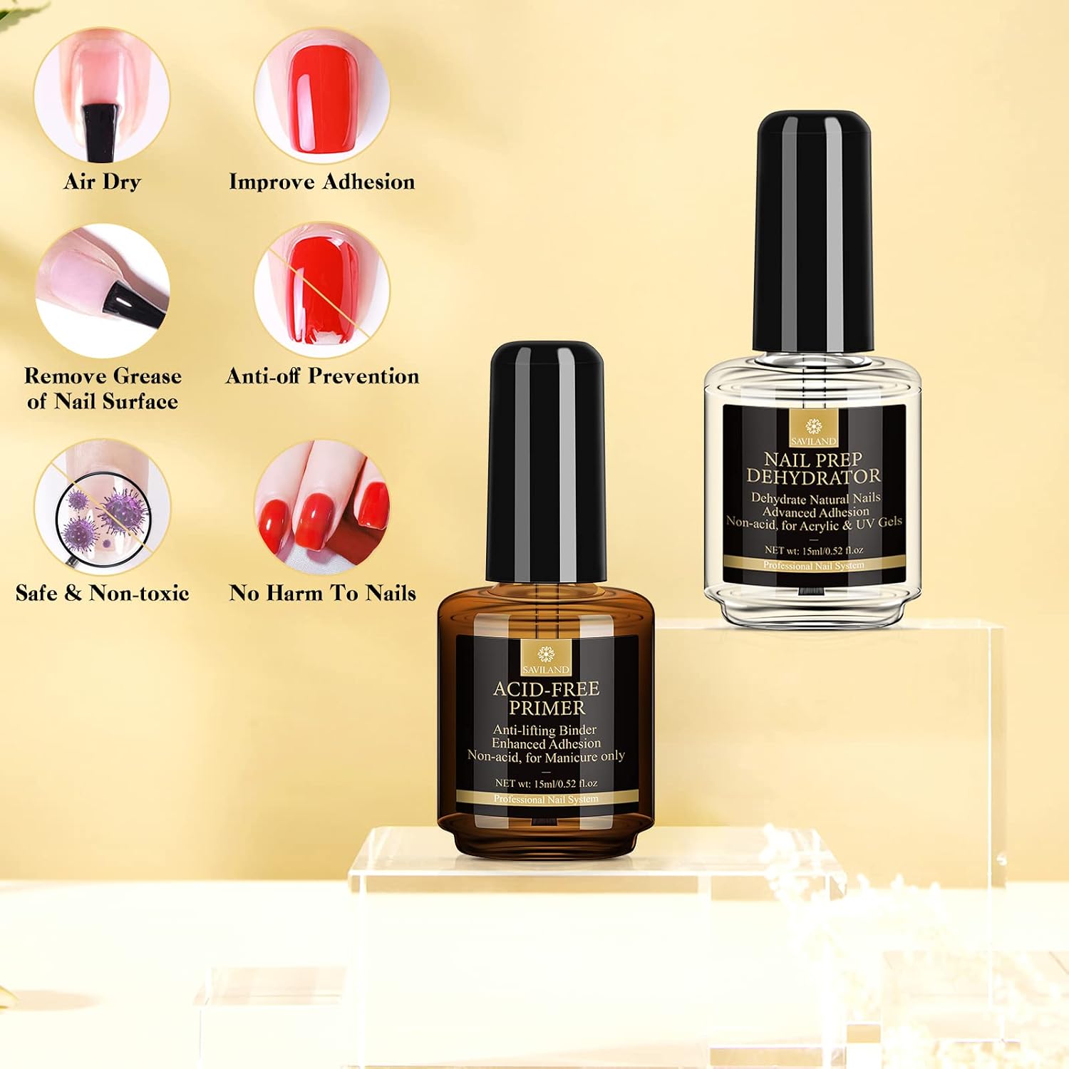 Detalle de Saviland Dehydrator und Acid-Free Primer für Gelnägel – 15 ml × 2er Set, ohne UV-Lampe
