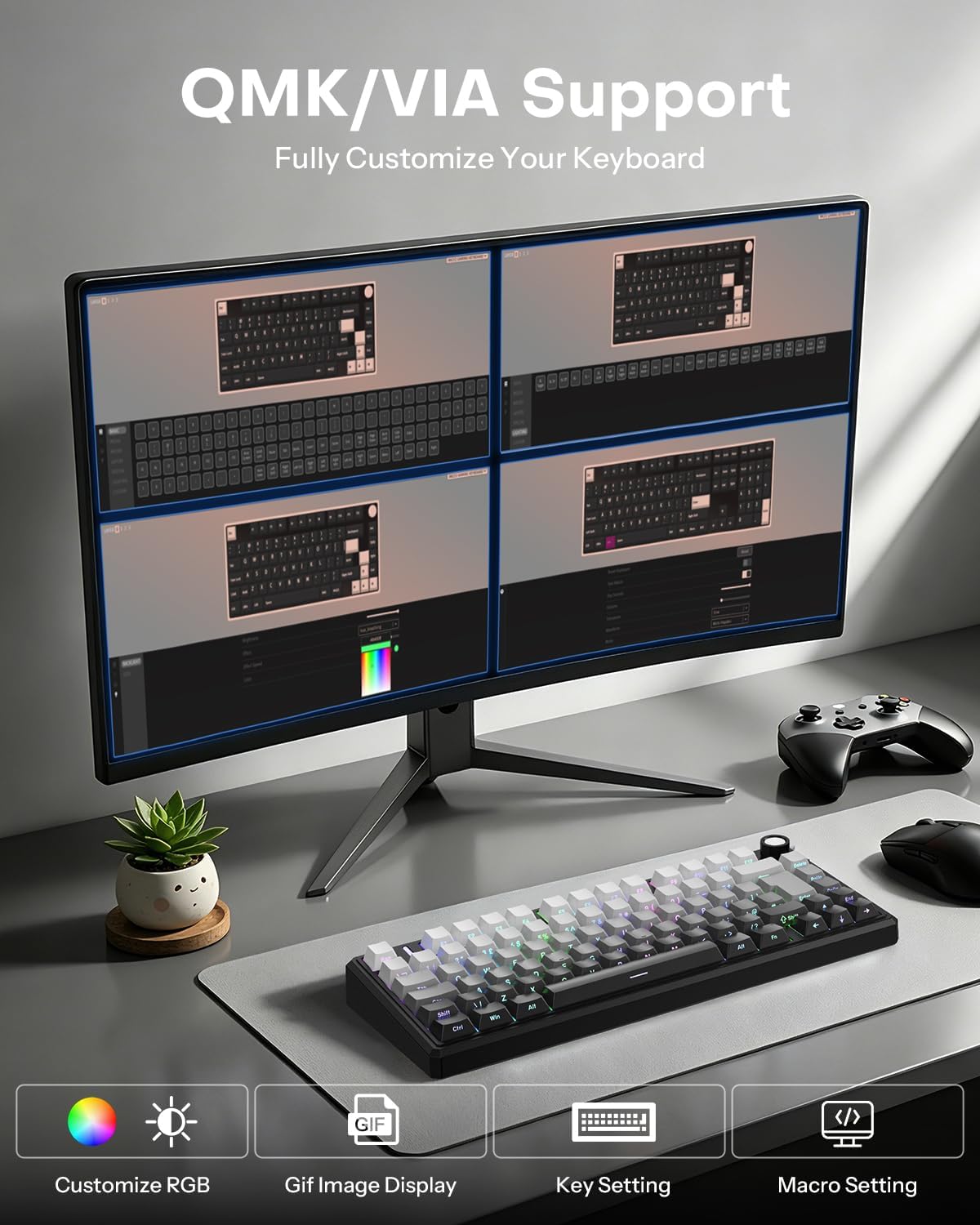 Detalle de OMOTON Mechanical Keyboard Gaming 75% ISO-UK: Tri-Mode Wireless, Hot Swap Gasket Mount, 4000mAh Battery