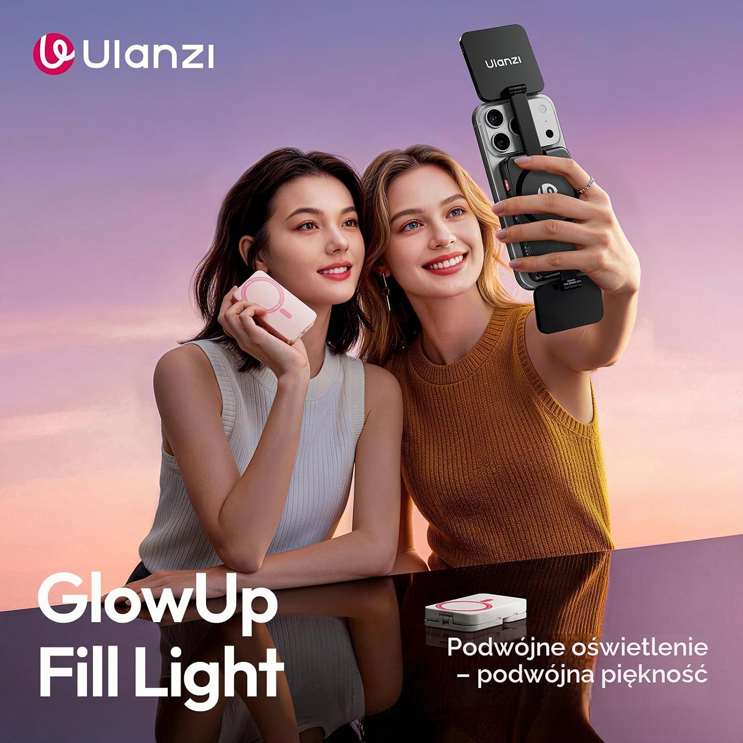 Detalle 2 de ULANZI GL01 – magnetyczna lampka do selfie, dwa panele LED, 2500–6500 K, różowa