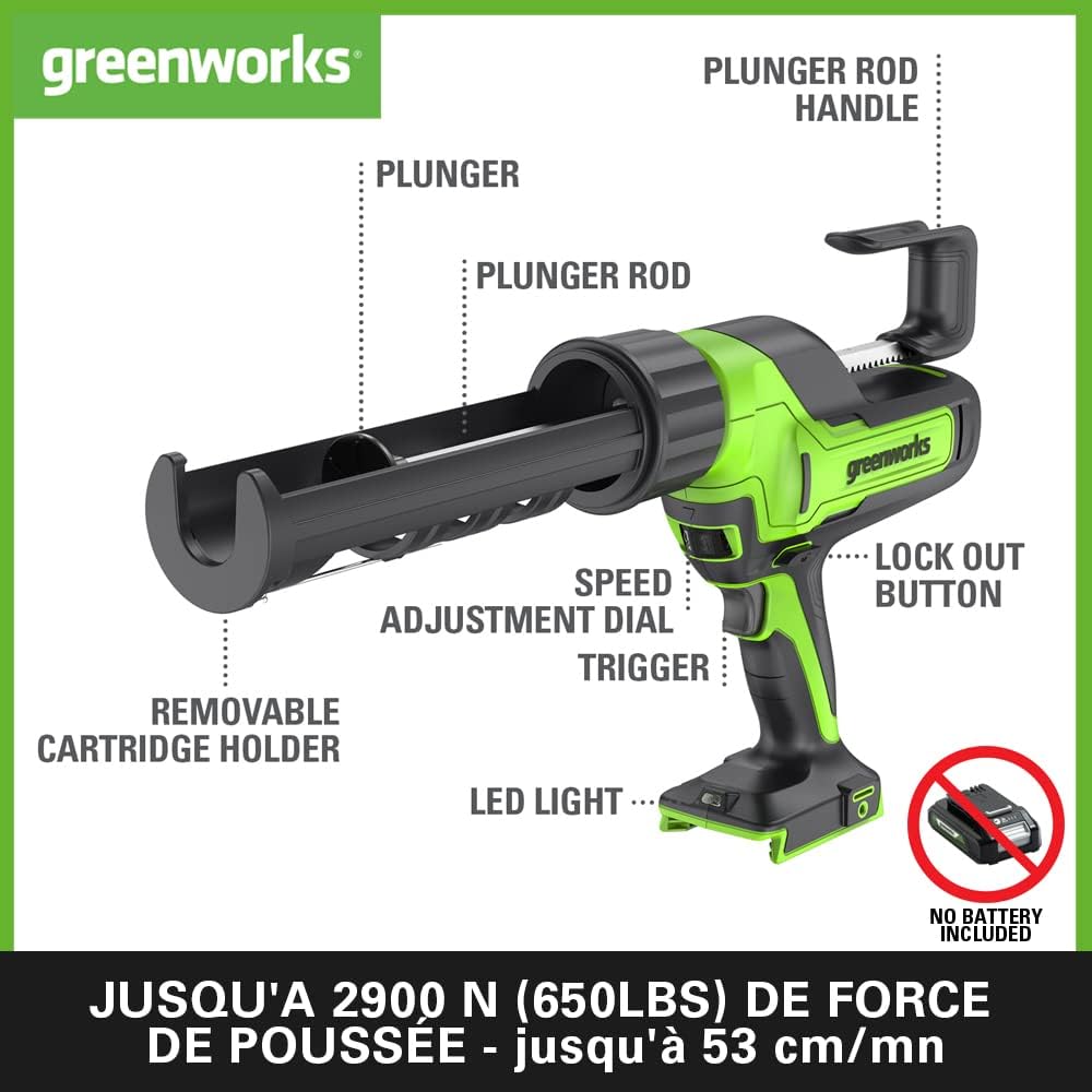 Detalle 2 de Greenworks G24CG Pistolet à Cartouche Électrique – 2900 N, 6 Vitesses, Anti-Goutte, Sans Batterie ni Chargeur
