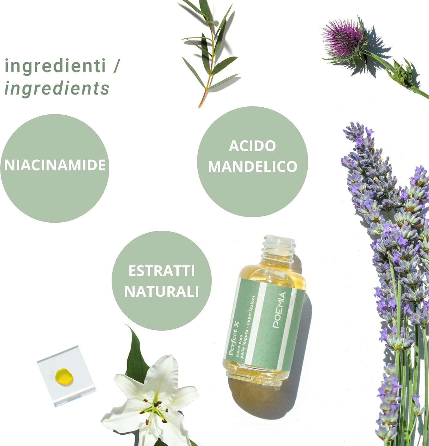 Detalle de Poemia Siero Acne Viso Brufoli e Pori Dilatati Bio Vegano con Acido Mandelico, Niacinamide e Tea Tree Oil – Made in Italy, 30 ml