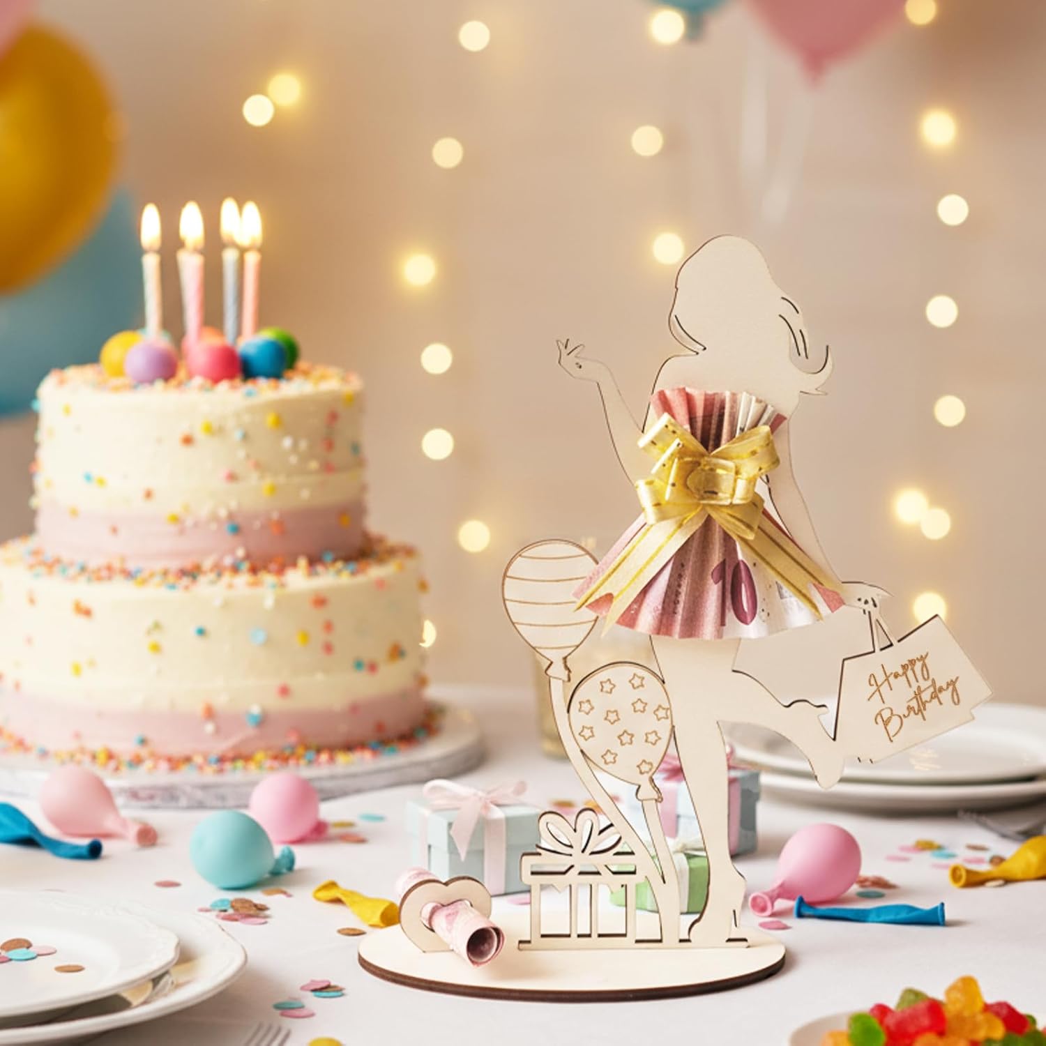 Thumbnail 2 de Geldgeschenke Geburtstag Frau Mädchen – personalisierbares Holzschild „Happy Birthday“ als Geldgeschenk & Gästebuch