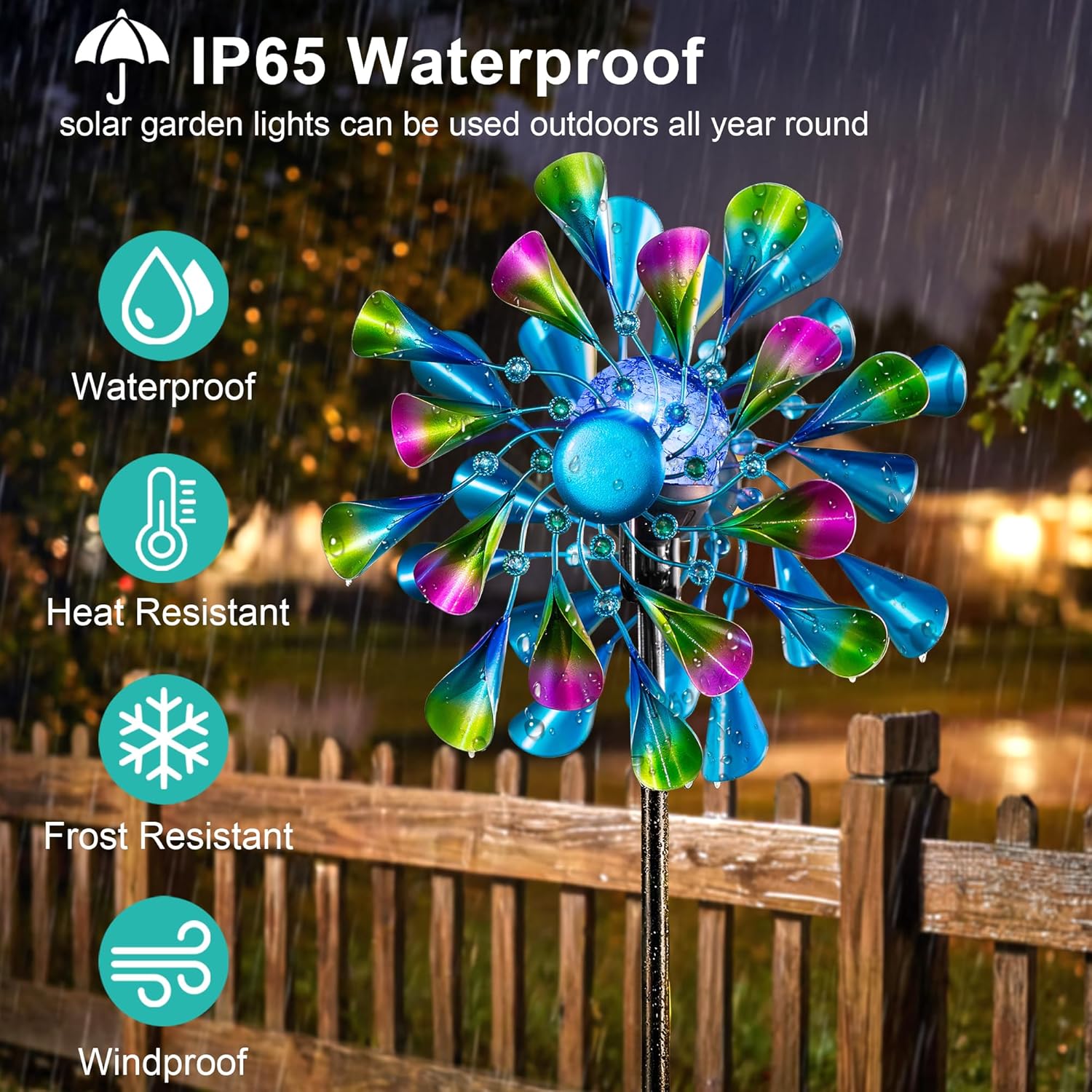 Detalle de Solar Wind Spinner Outdoor Metal – Peacock Kinetic Garden Sculpture with Color-Changing LED Lights