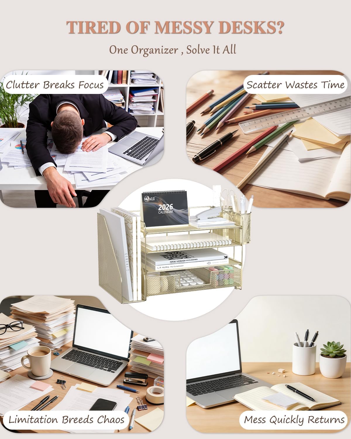 Detalle 2 de WALI DO005DH-G Desktop File Organizer, 4-Tier Metal Letter Trays, Gold