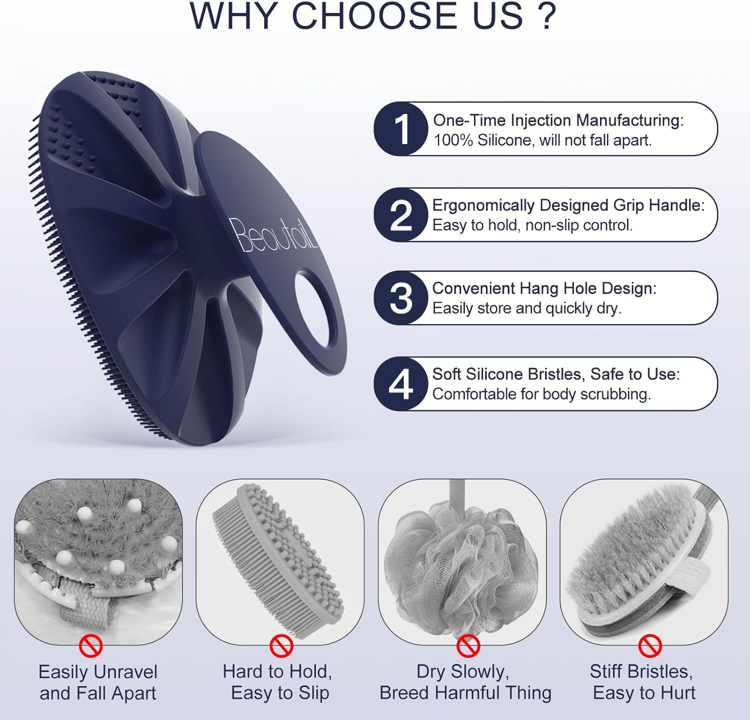 Detalle de BeautyTAIL Brosse pour le corps en silicone — douche et bain, poils doux, idéale peau sensible, 1 pièce
