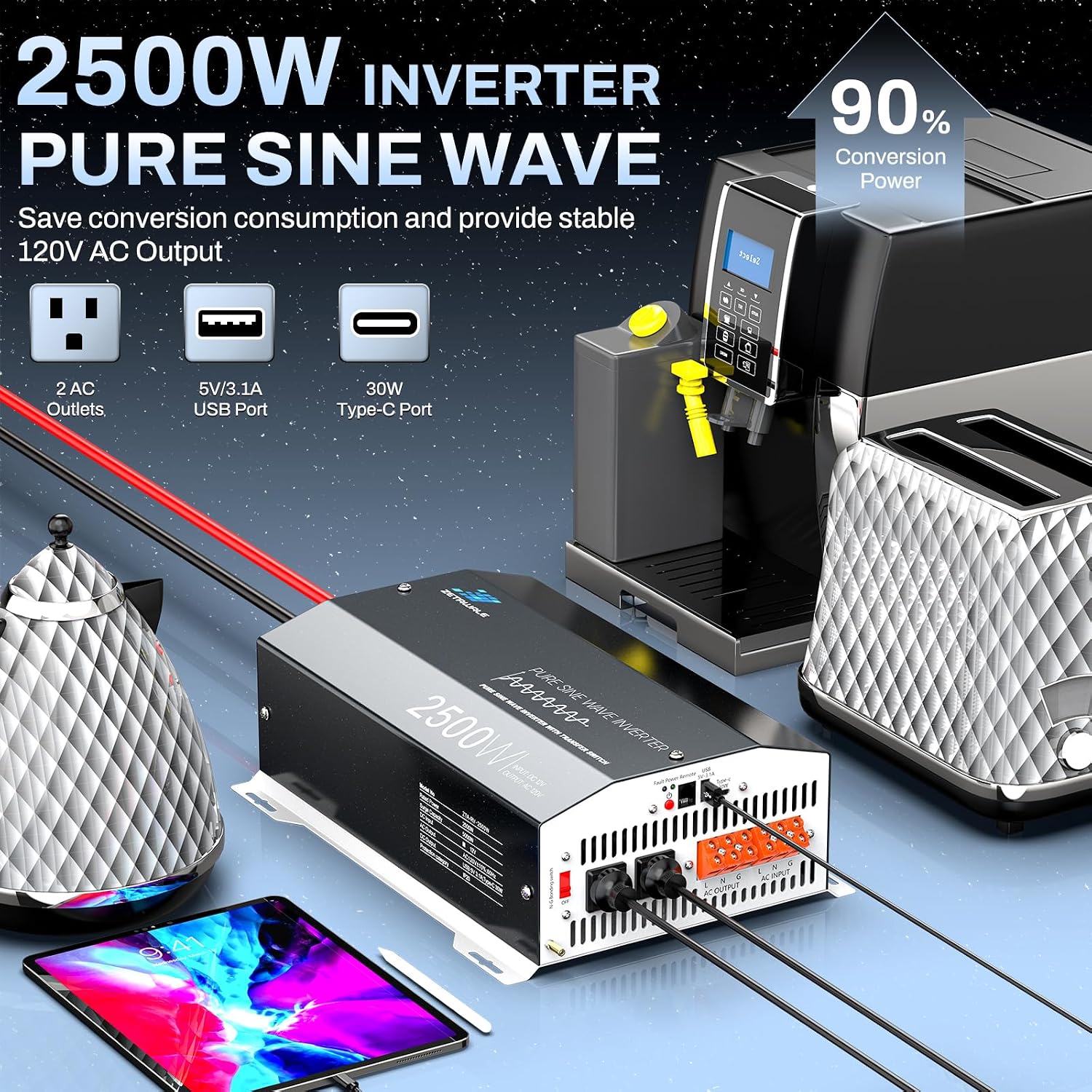 Detalle 2 de ZETAWALE ZETAWALE-2500P 2500W Pure Sine Wave RV Inverter with ATS