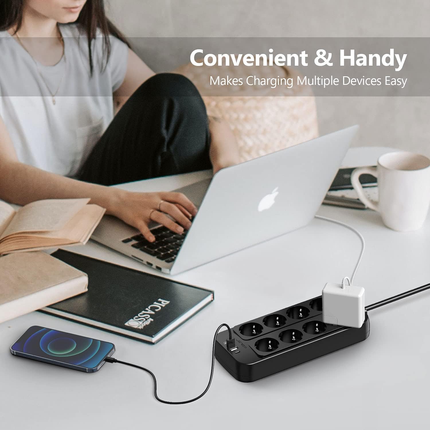 Thumbnail 6 de JSVER Multiprise 8 prises avec USB-C et USB-A, câble 2 m – Surtension, terre et interrupteur