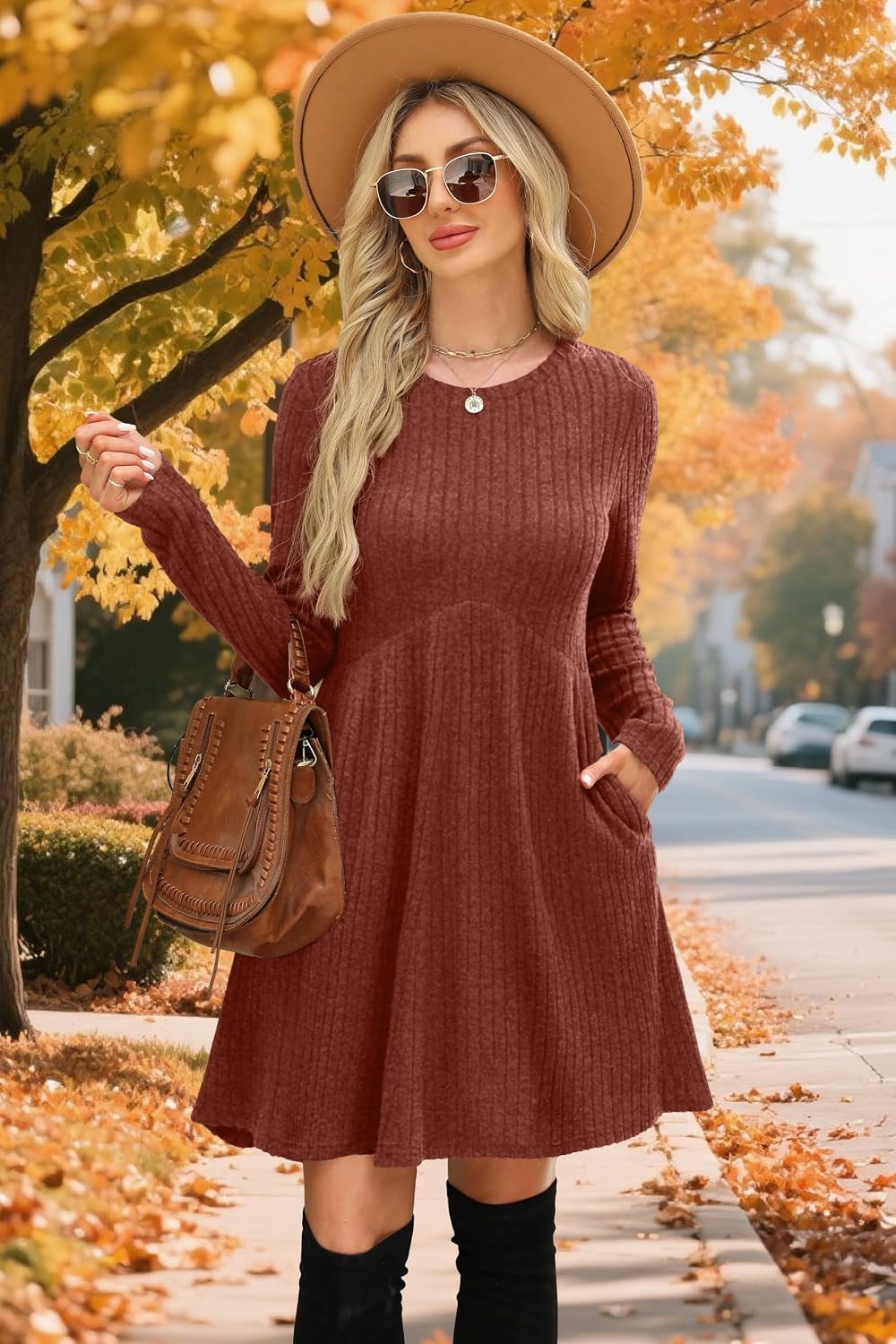 Detalle 2 de OFEEFAN Long Sleeve Dress for Women with Pockets, Crew Neck Empire Waist
