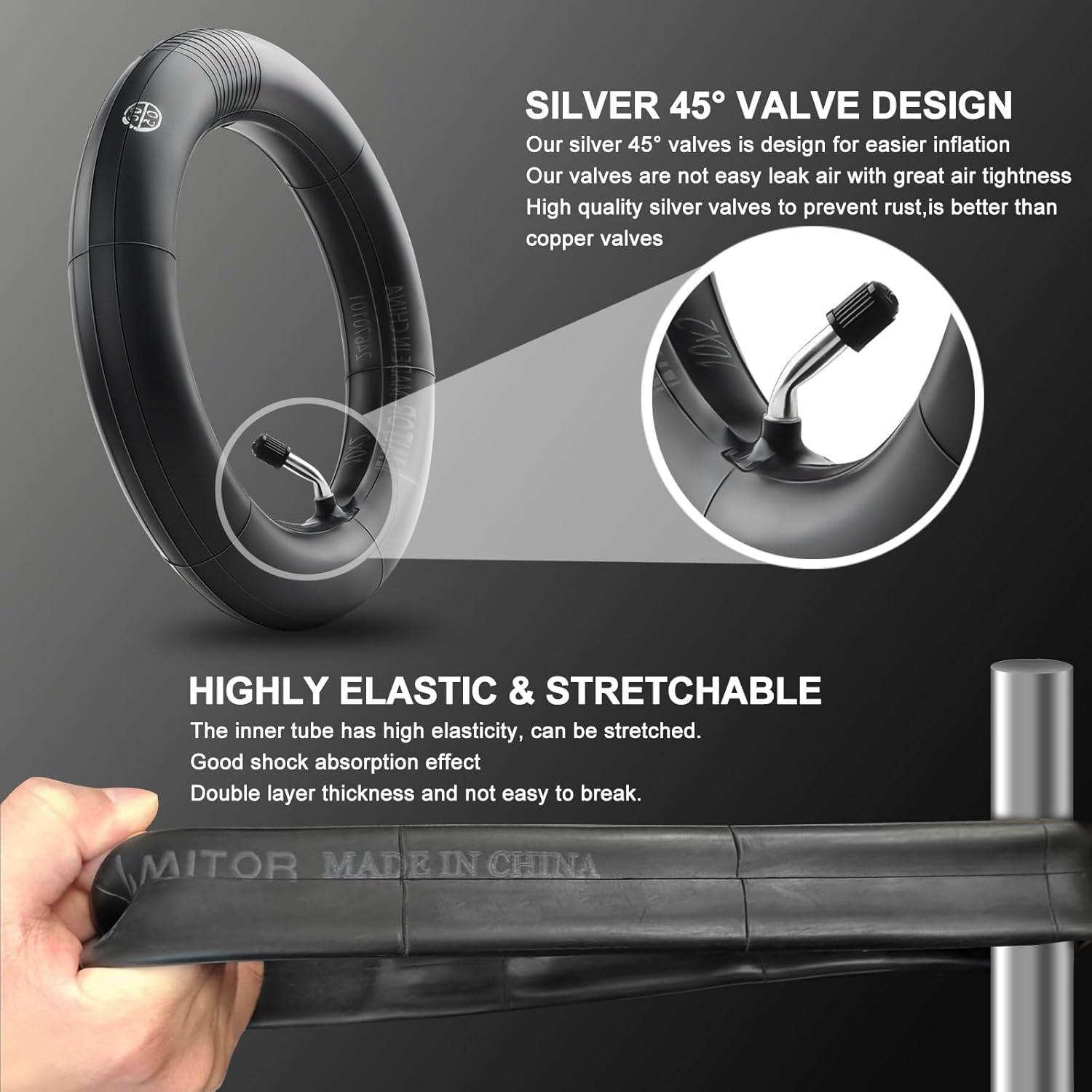 Thumbnail 3 de Amitor 10x2 Schlauch Verstärkt – 2 Stück, 10 Zoll, Ventil 45°, 2 mm Wandstärke für E-Scooter (Nur für Stützräder)