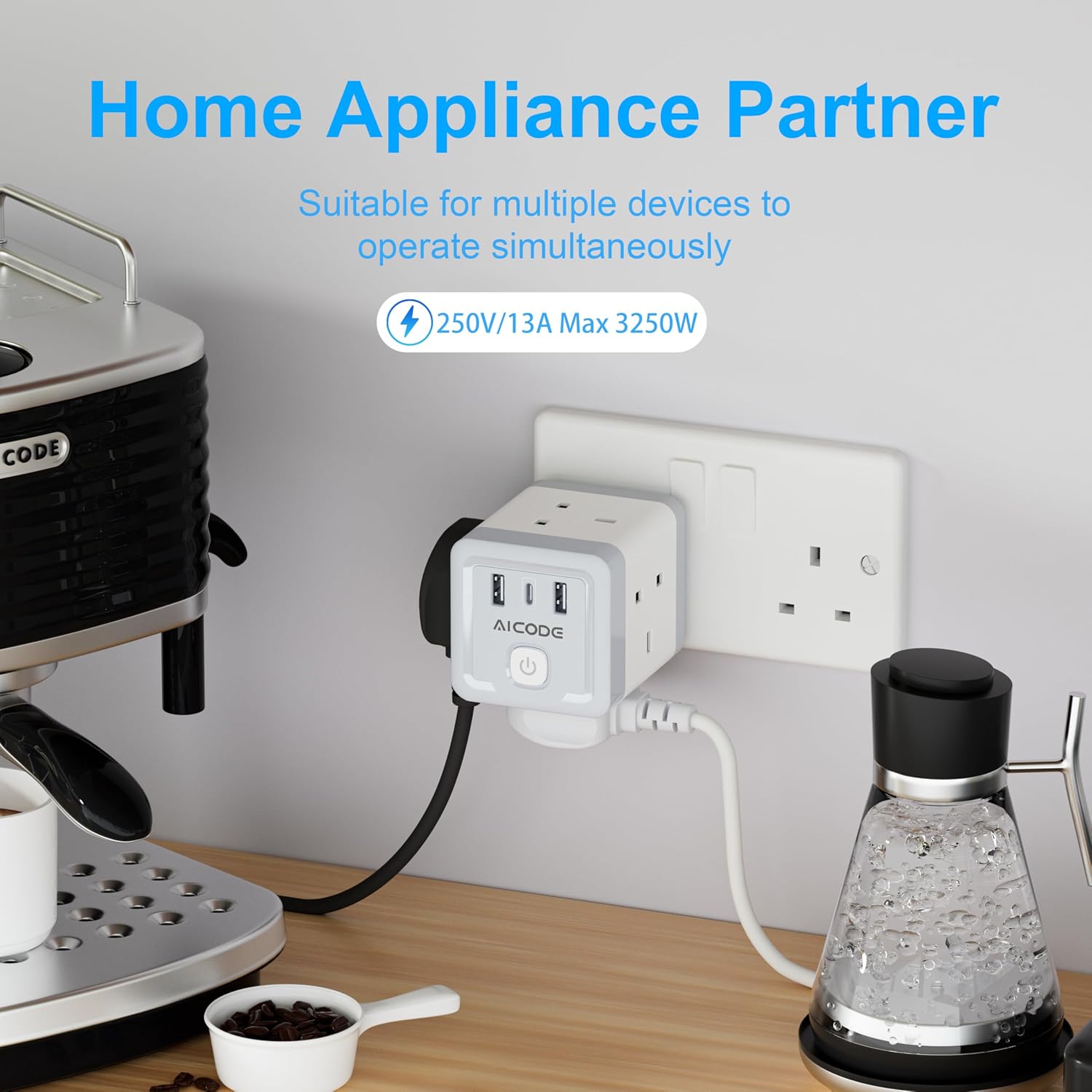 Detalle 2 de AICODE 7-in-1 Plug Extension Socket with 3 USB (4-way) and Switch, 13A Multi Plug Adapter UK
