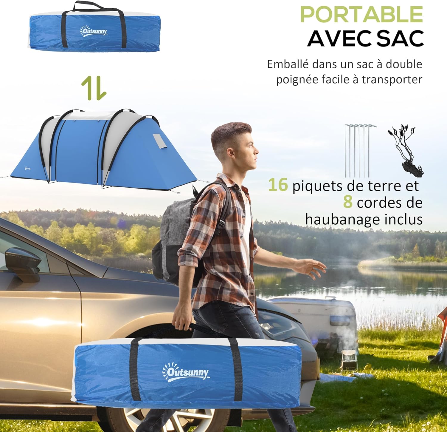 Thumbnail 5 de Outsunny Tente de Camping familiale 4-5 Personnes avec 3 portes et 2 chambres, 3000 mm, montage facile