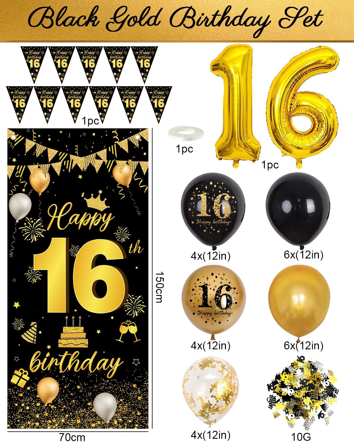 Thumbnail 1 de 16th Birthday Decorations Black & Gold Kit with Balloons, Banner and Triangle Flag Bunting