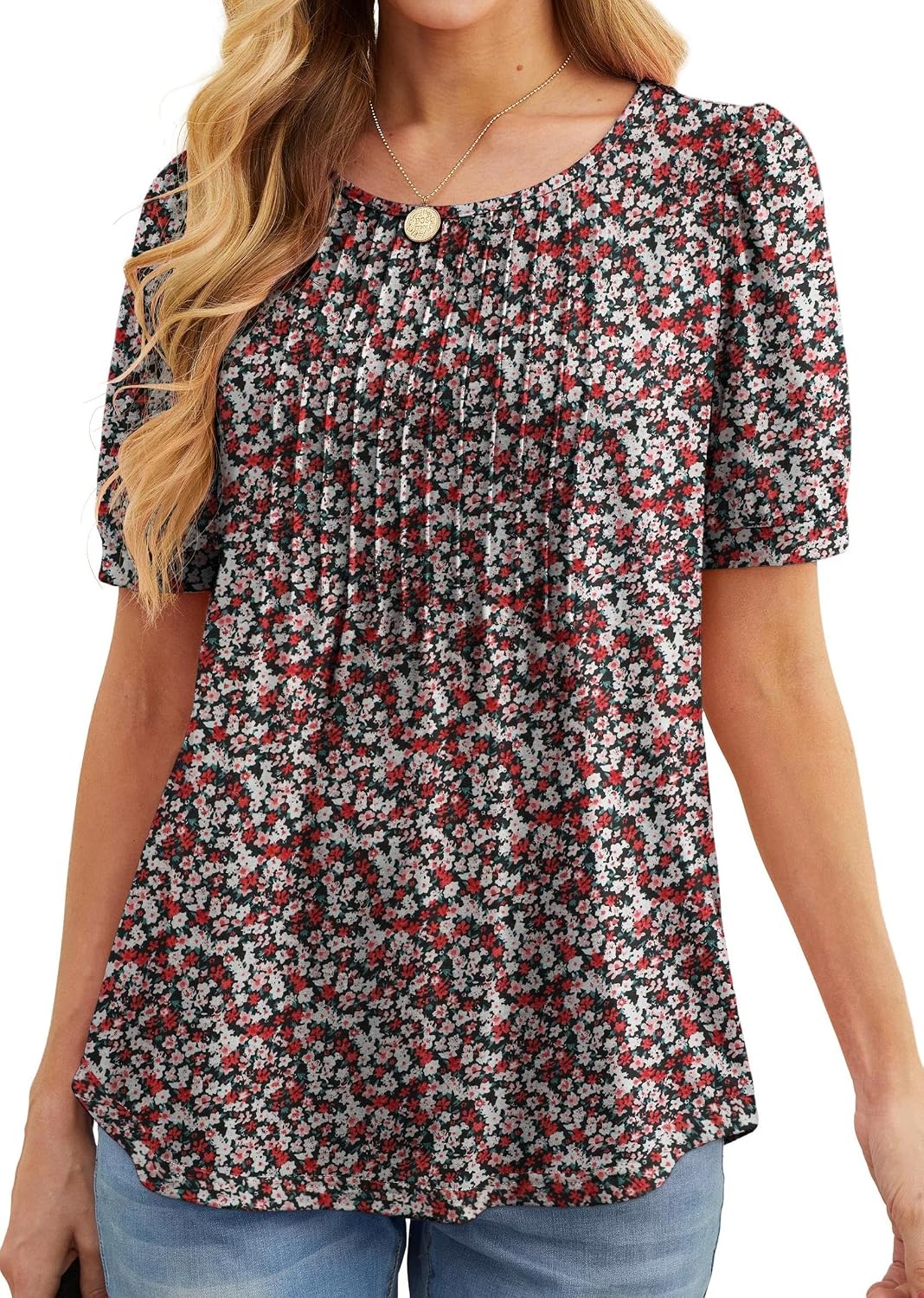 Detalle de GRECERELLE pleated front floral summer tunic T-shirt for women (crew neck, short sleeve)