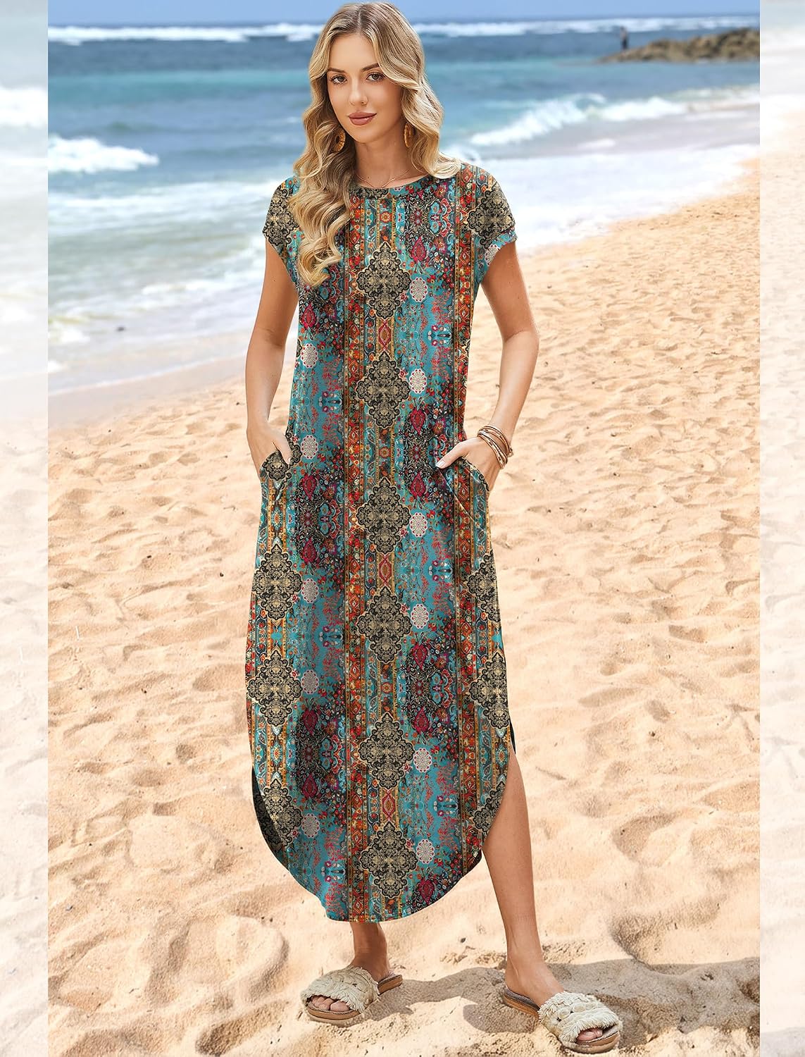 Detalle de WIHOLL Cap Sleeve Crewneck Maxi Dress with Pockets – Beach-Ready Casual Tunic to Summer Dress