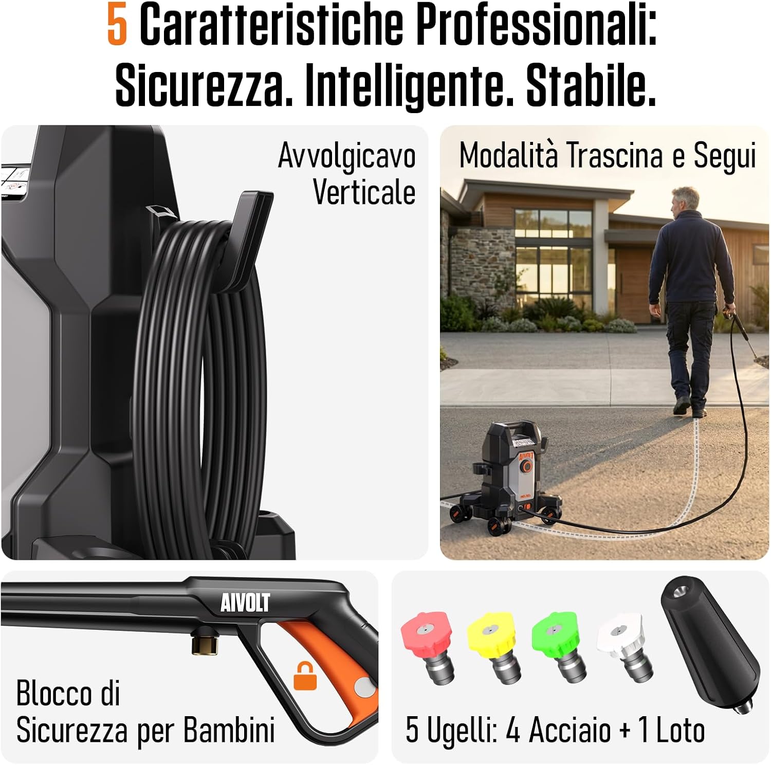 Thumbnail 5 de AIVOLT Idropulitrice ad Alta Pressione 1800 W, 170 Bar con 5 ugelli e tubo da 7,6 m