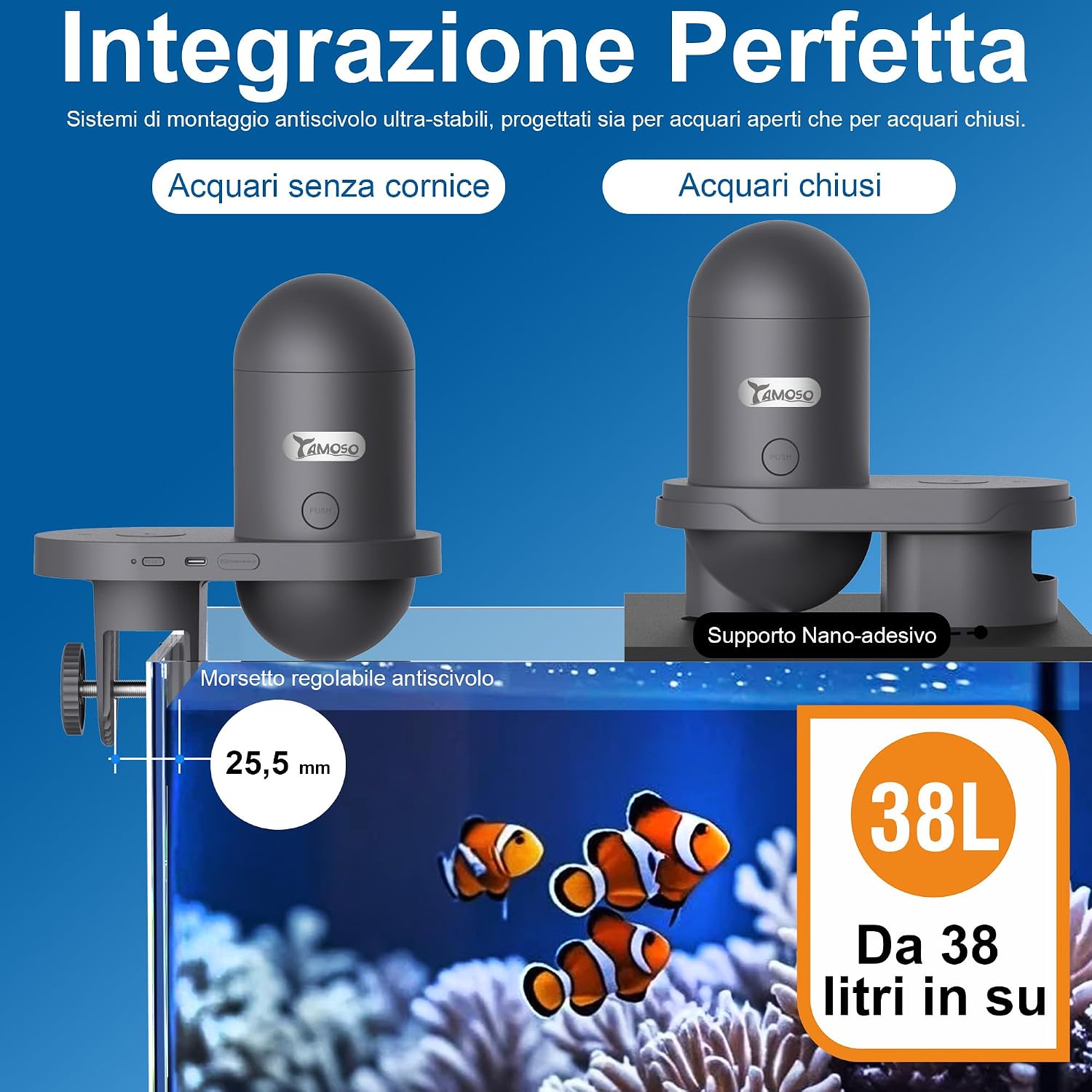 Detalle de YAMOSO Mangiatoia Pesci WiFi con Telecamera 2,5K HD — Sorveglianza 24/7, dosaggio 0,2 g e serbatoio 230 ml