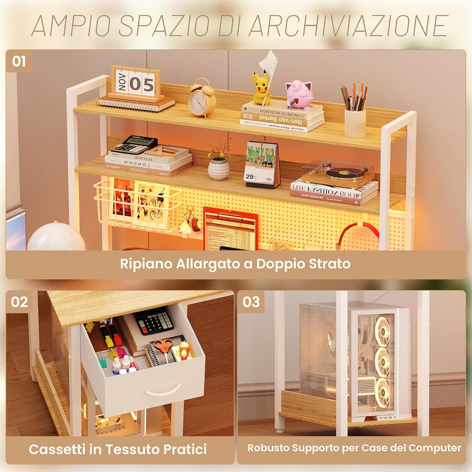 Thumbnail 5 de YOUDENOVA Scrivania Gaming con Pannello Forato e Libreria Salvaspazio, Angolare Reversibile 135x90x152 cm, Bianco