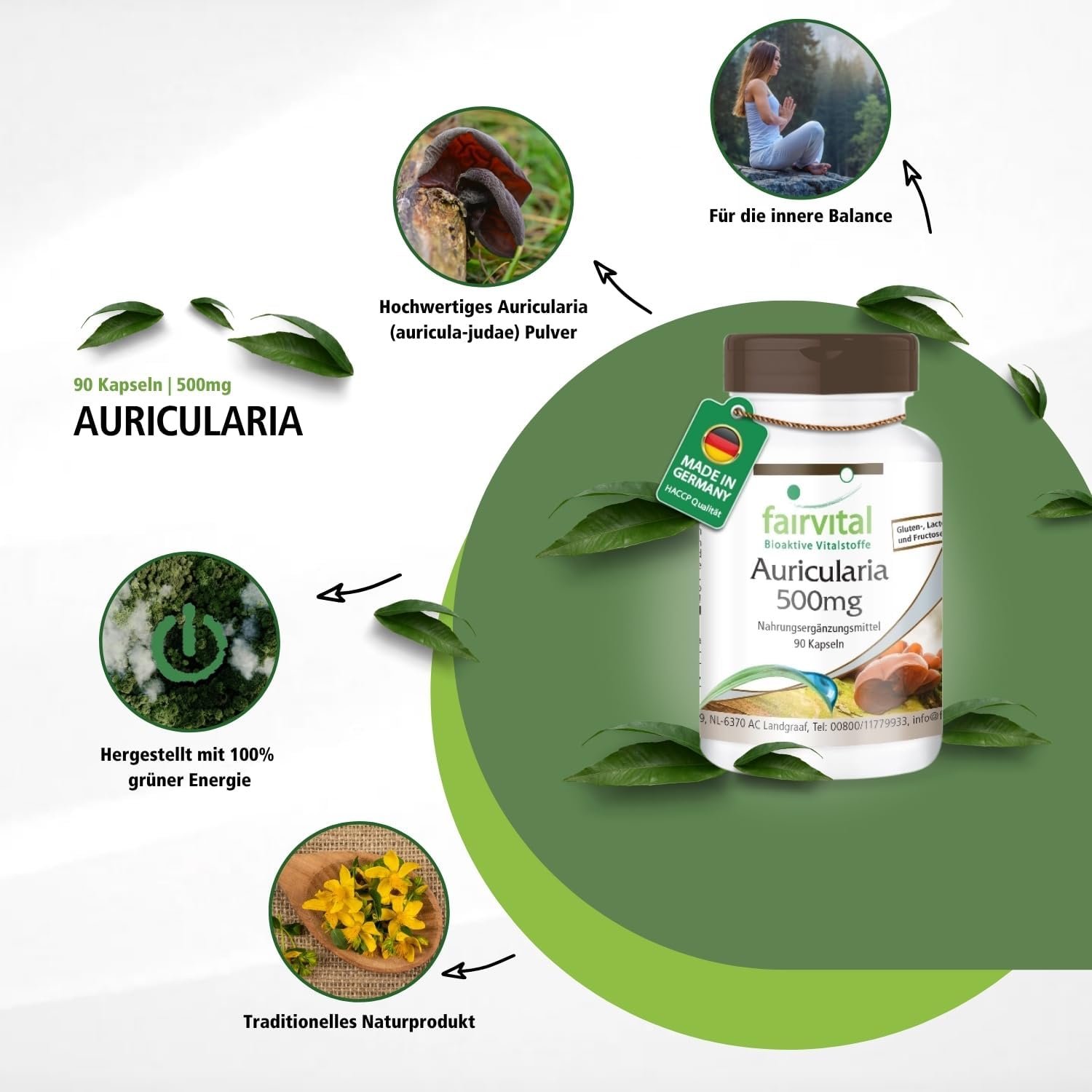 Detalle de Fairvital Auricularia 500mg Kapseln – Hochdosiert, vegan, 90 Stück
