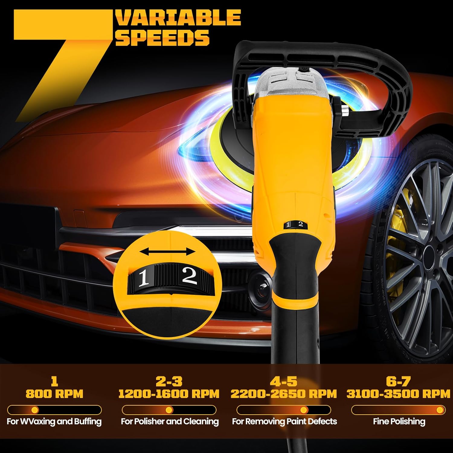 Thumbnail 2 de Rivlox 1600W Rotary Car Polisher & Buffer Kit (5/6/7 inch) with 7-Speed Control, Pads and Caps Included