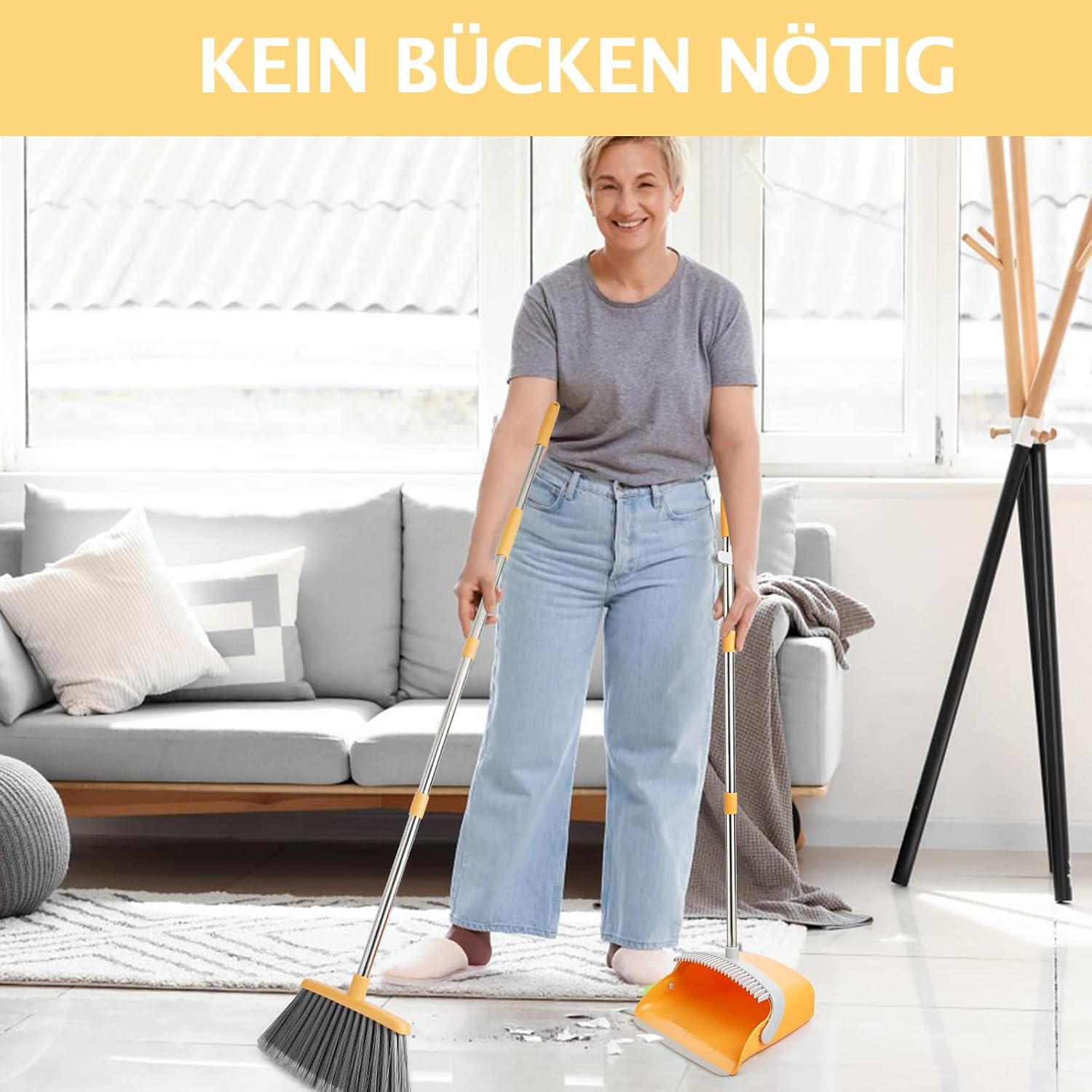 Thumbnail 1 de XXFLOWER Besen- und Kehrschaufel-Set mit langem Stiel – 129 cm Griff, 5‑lagige PET-Borsten, ausziehbar