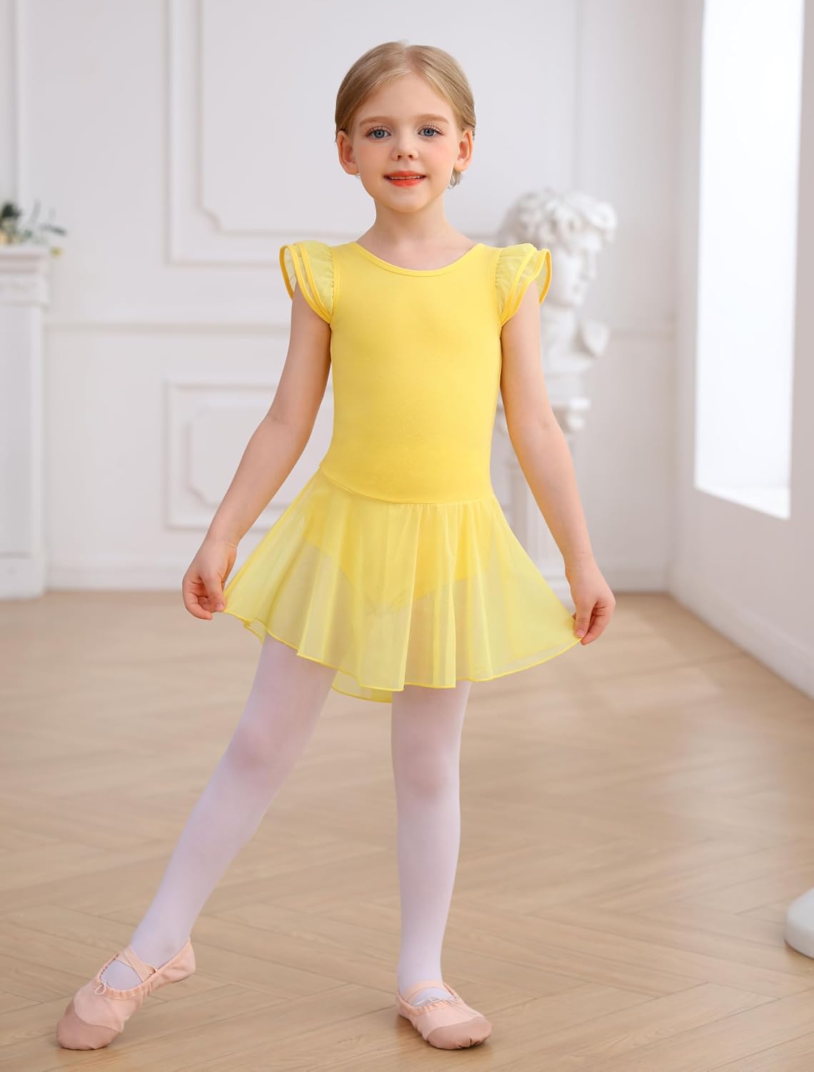 Detalle de MdnMd Girls Dance Ballet Leotards Dress with Flutter Sleeves, Hollow Knot Back & Skirt