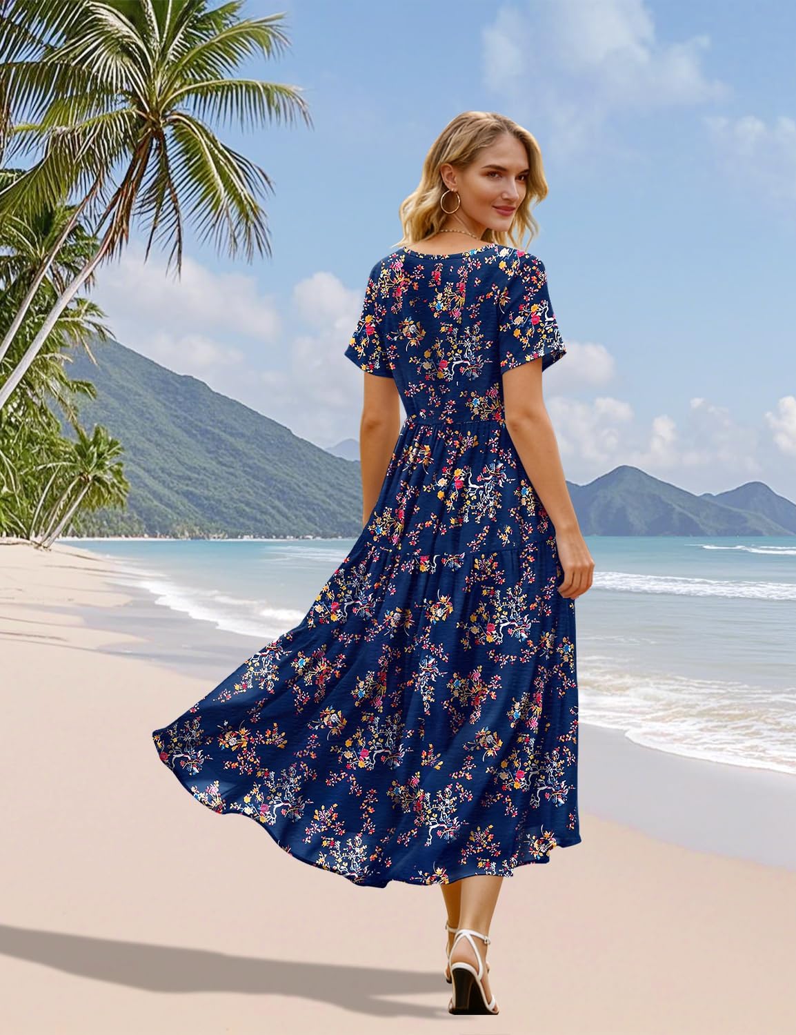 Thumbnail 3 de YESNO Women's Summer Maxi Dress with Pockets – Floral Boho V-Neck Swing Dress
