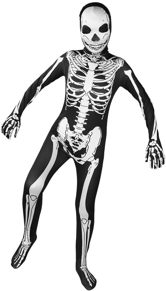 Detalle de AOOWU skeletkostuum voor kinderen met stretchoverall en gezichtsmasker