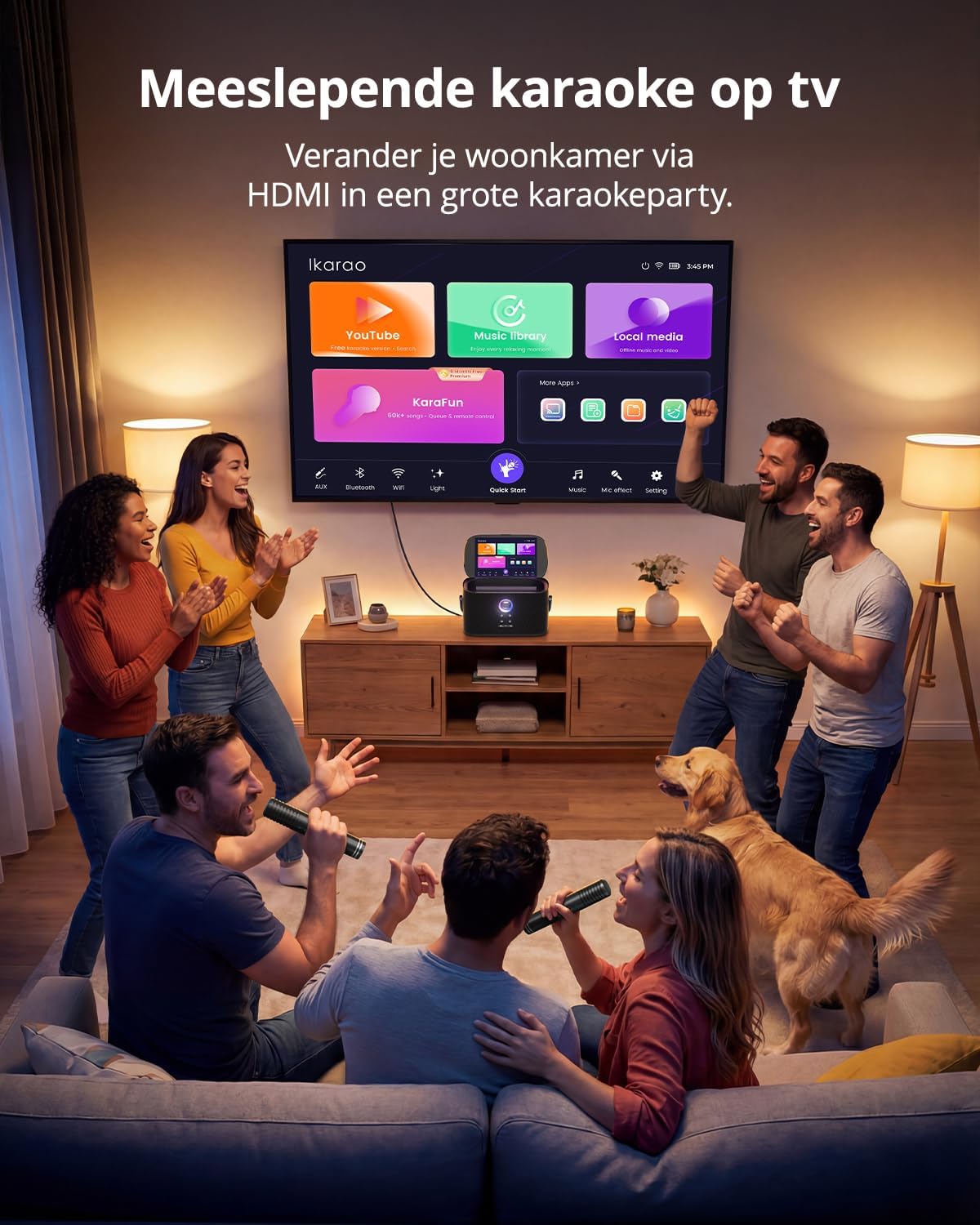 Detalle de Ikarao Shell S2 karaokeapparaat met 8-inch scherm en twee draadloze microfoons