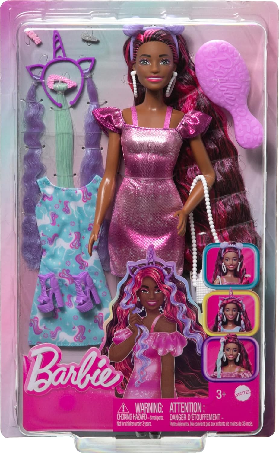 Detalle de Barbie – Fun & Fancy Hair: bambola con lunghissimi capelli neri colorati e abito rosa lucente (3+ anni, 10 accessori)