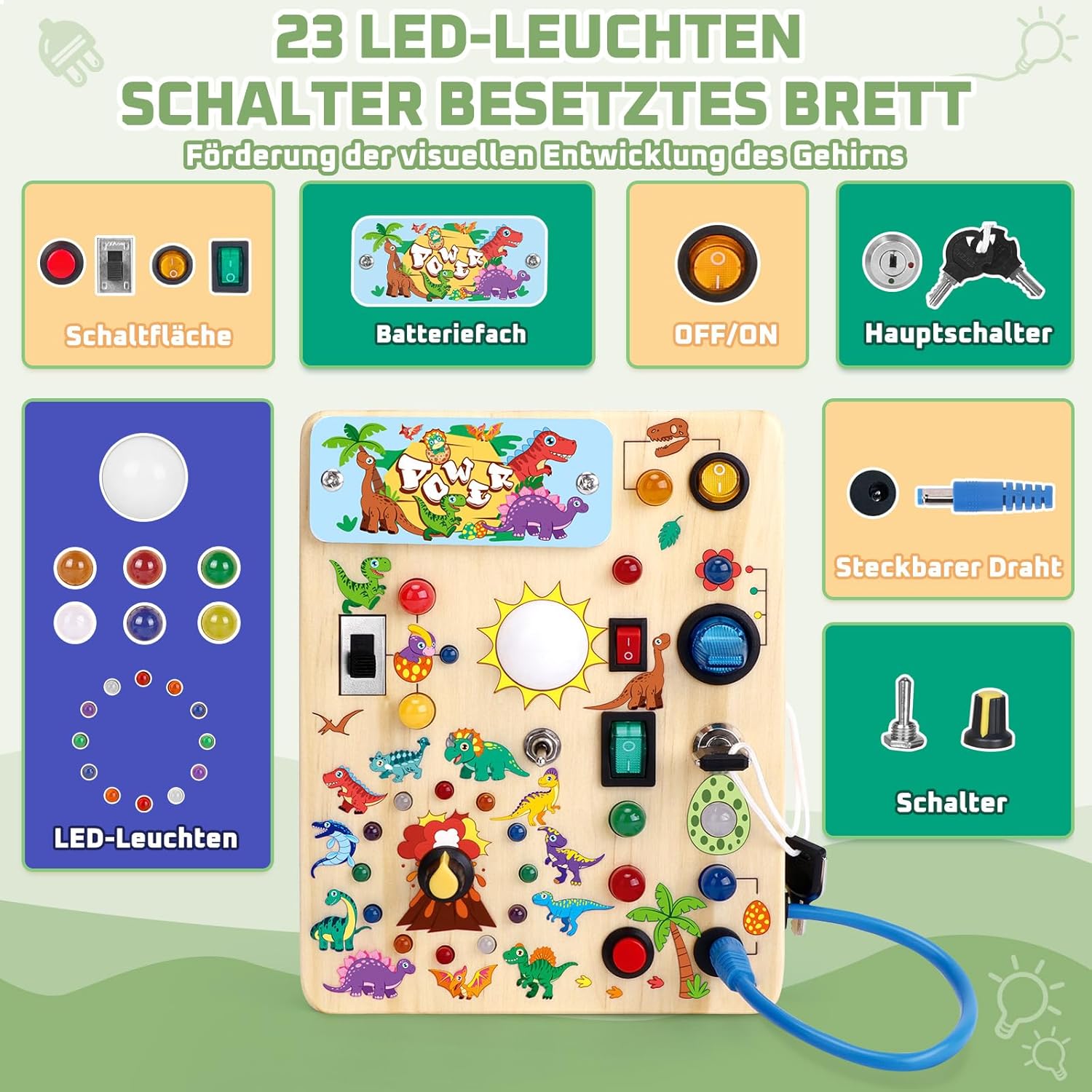 Thumbnail 1 de Hoarosall Dinosaurier Busy Board Montessori: Activity Board aus Holz mit 10 Schaltern & 23 LED-Lichtern
