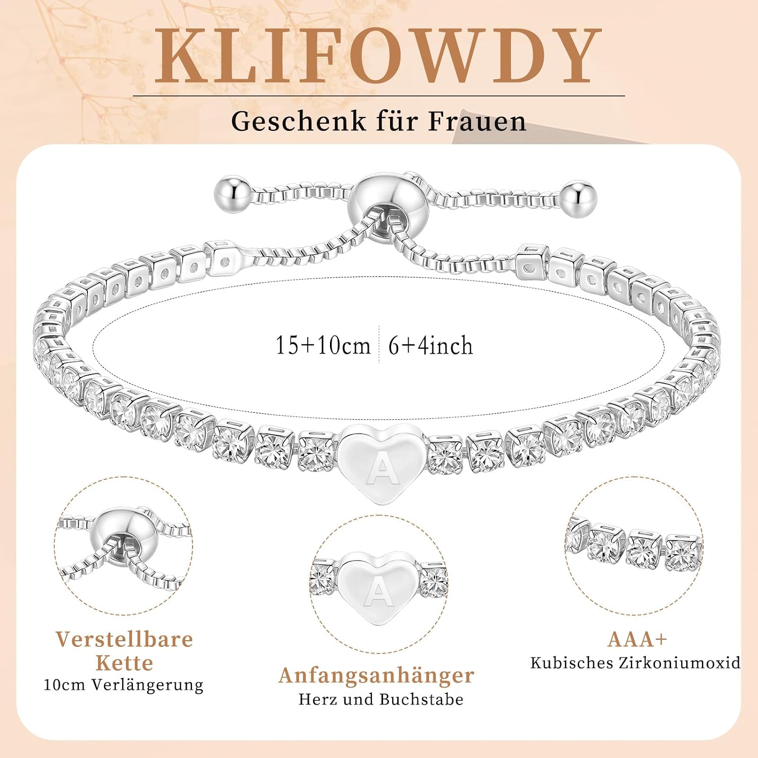 Thumbnail 3 de KLIFOWDY 925 Initial Tennis Armband in Silber mit Herz & Buchstaben (A-Z) für Frauen