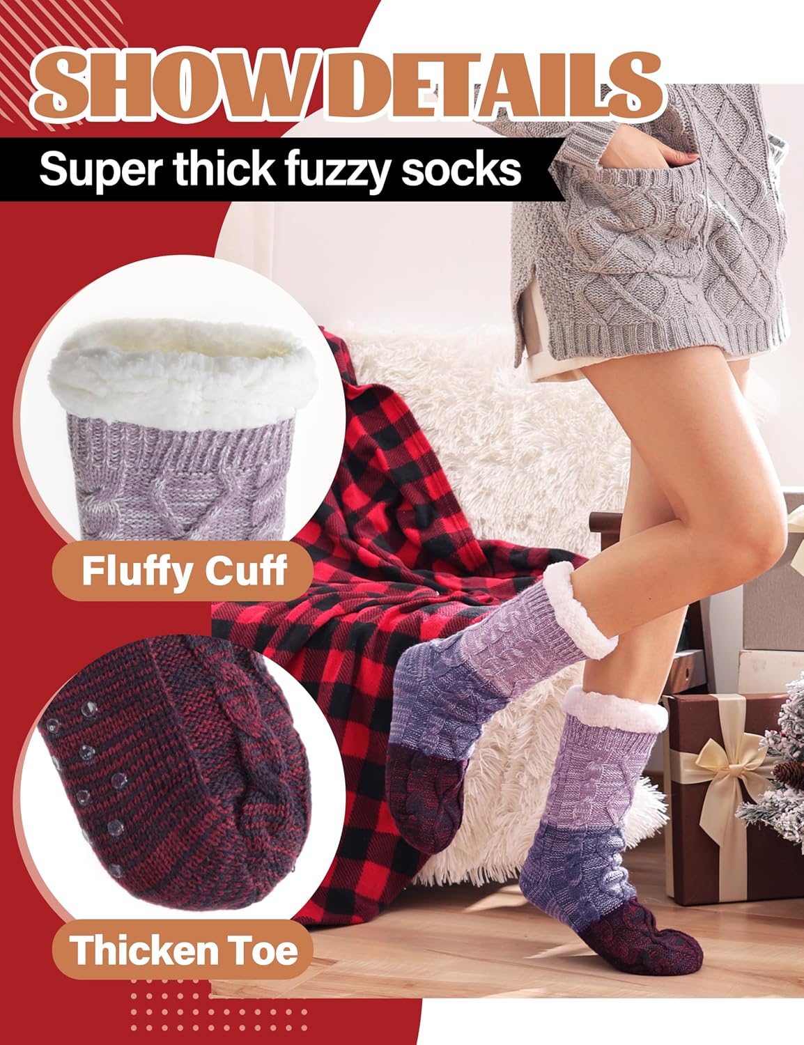 Thumbnail 2 de Anlisim Women’s Fuzzy Slipper Socks with Non-Slip Grips and Thermal Inner