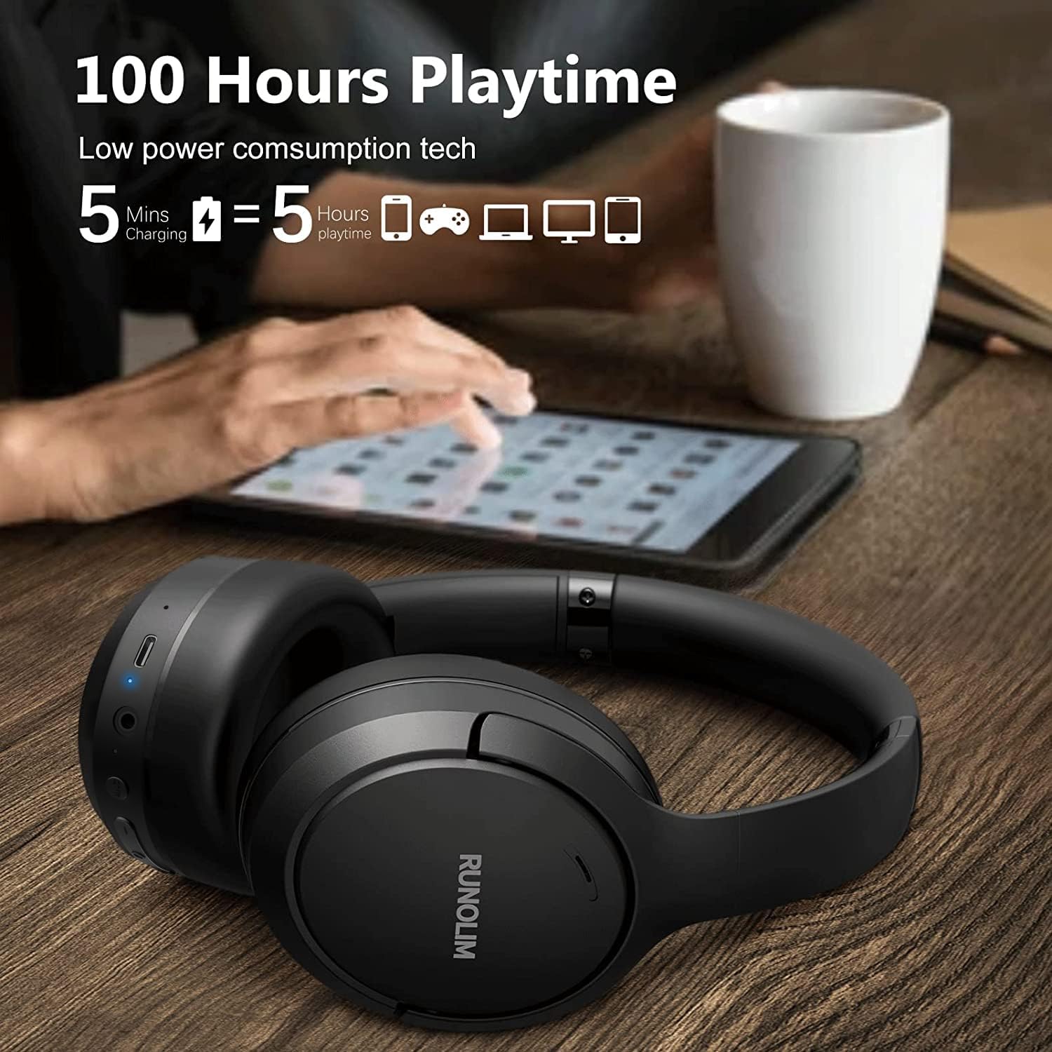 Detalle de RUNOLIM Hybrid Active Noise Cancelling 70H headphones