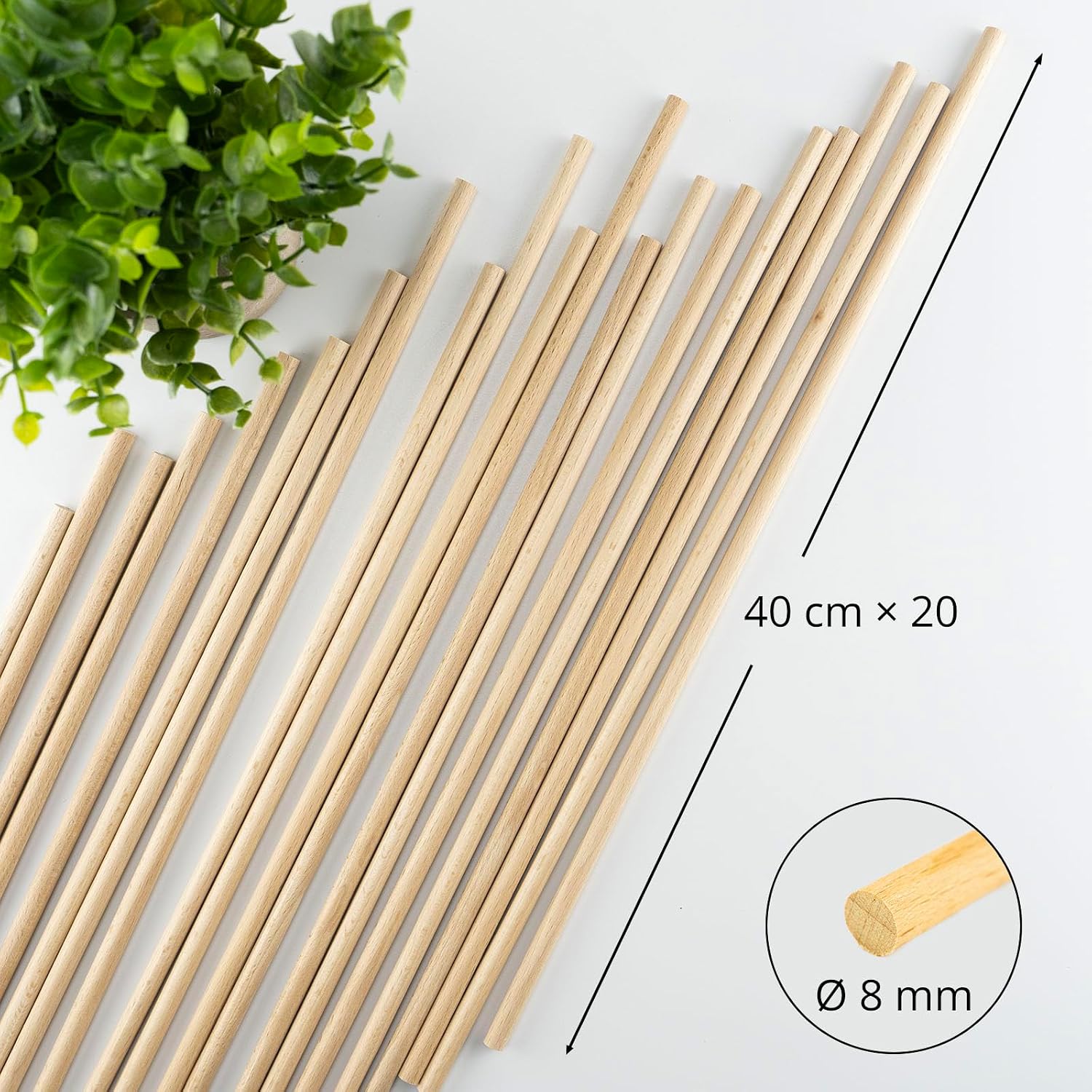 Detalle de MCE-Commerce A508040020 – okrągłe pręty drewniane Ø 8 mm, 40 cm, 20 szt.