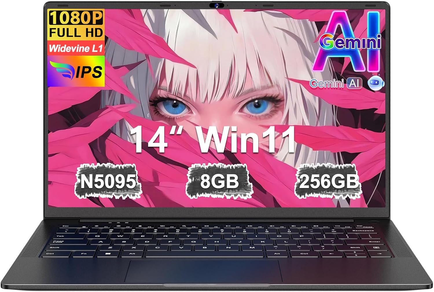 Detalle de Pc Portatile 14 Pollici Win11 con Celeron N5095, 8GB RAM, 256GB SSD – Corpo in Metallo Nero