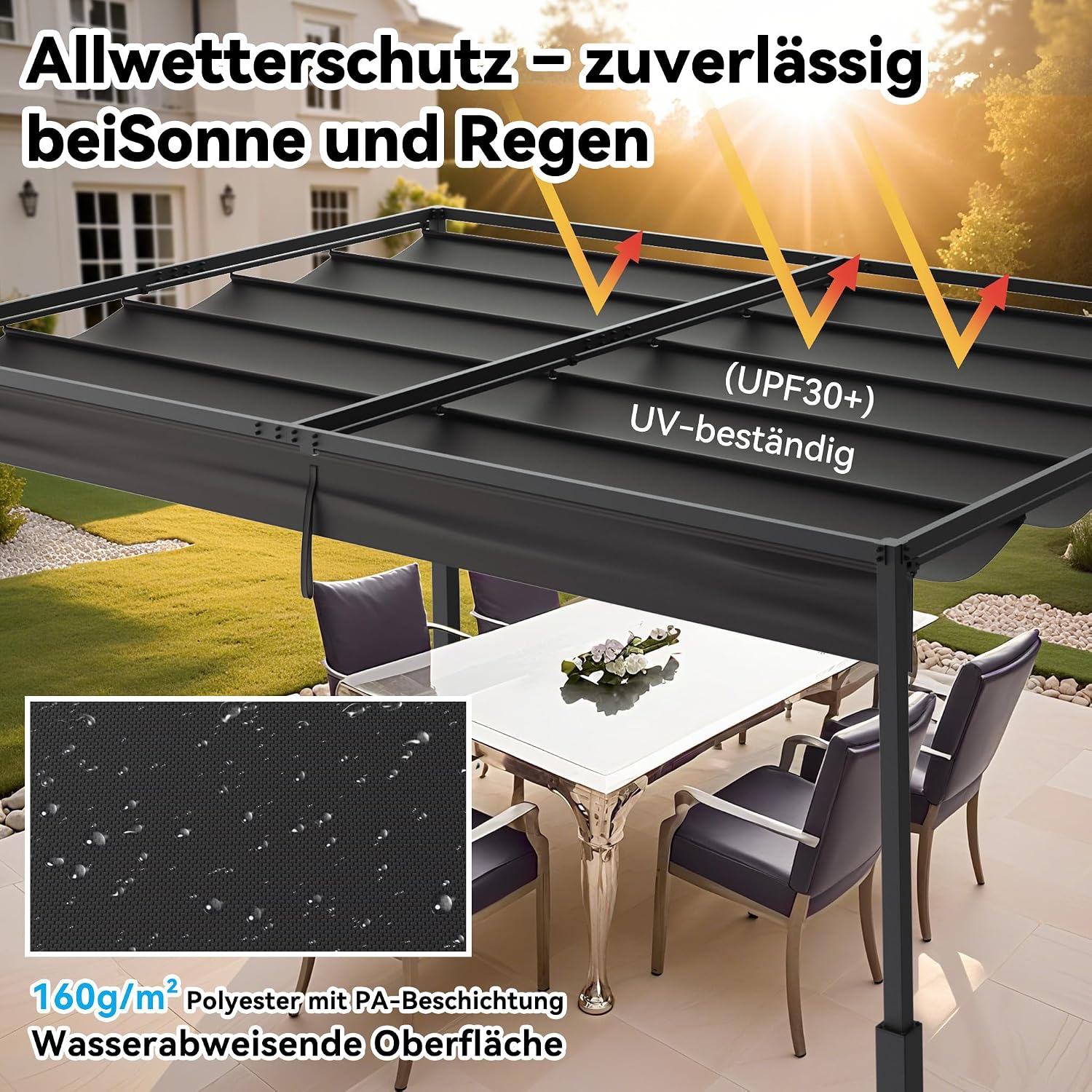 Detalle de VA-Cerulean Metall Pergola mit Schiebedach, 3x4 m – freistehender Pavillon aus Metall mit Sonnenschutz und schmalem Design in Schwarz