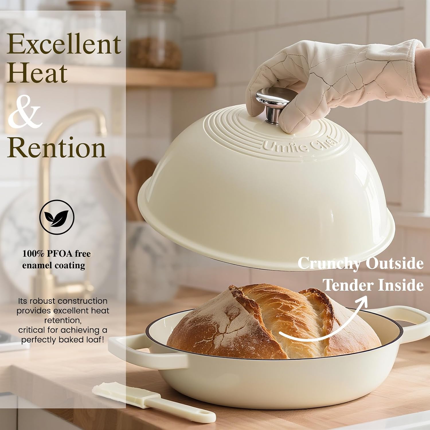 Thumbnail 2 de Enameled Round Cast Iron Bread Oven (6 Qt) – Dutch Oven Bread Pot with Dome Lid & Cotton Potholders, Cream White