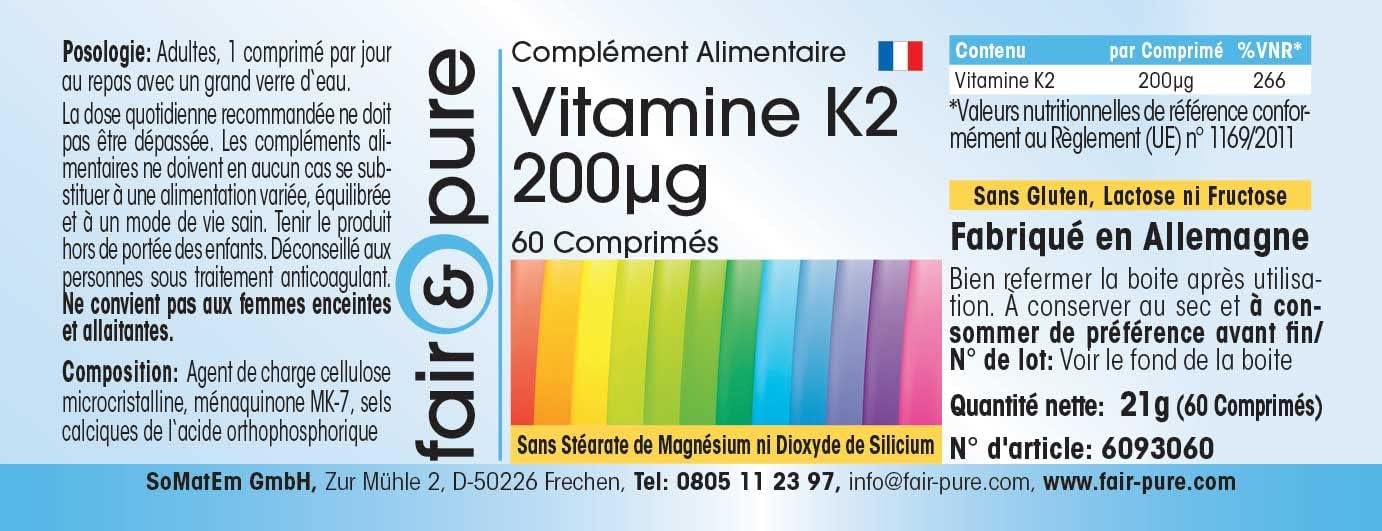 Detalle 2 de Fair & Pure Vitamin K2 200 µg – 60 Tabletten (MK-7) aus deutscher Herstellung, vegan