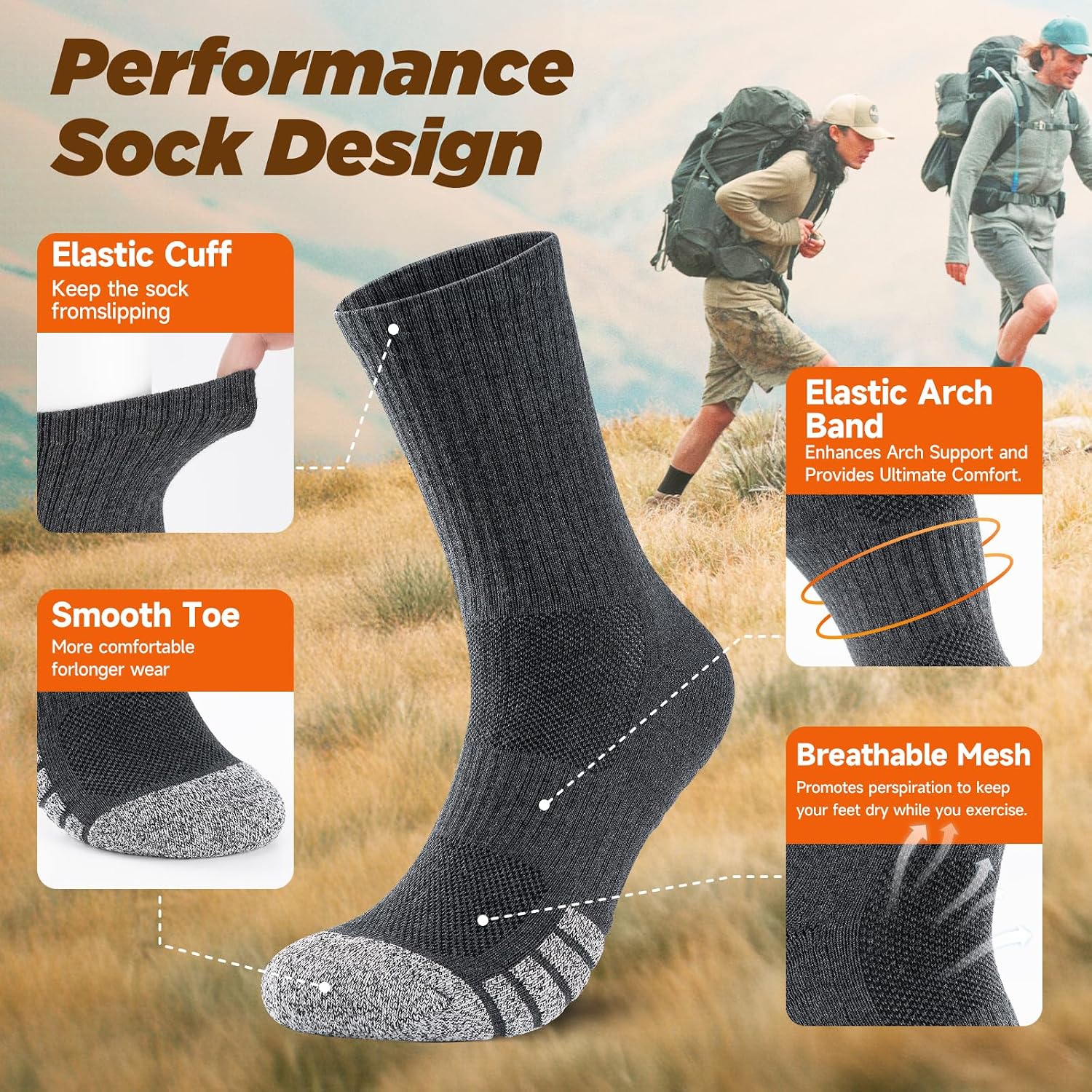 Detalle de PULlOU Hiking Socks (Men’s & Women’s) – Breathable cushioned trek, sports and running socks, 35–38 & 47–50