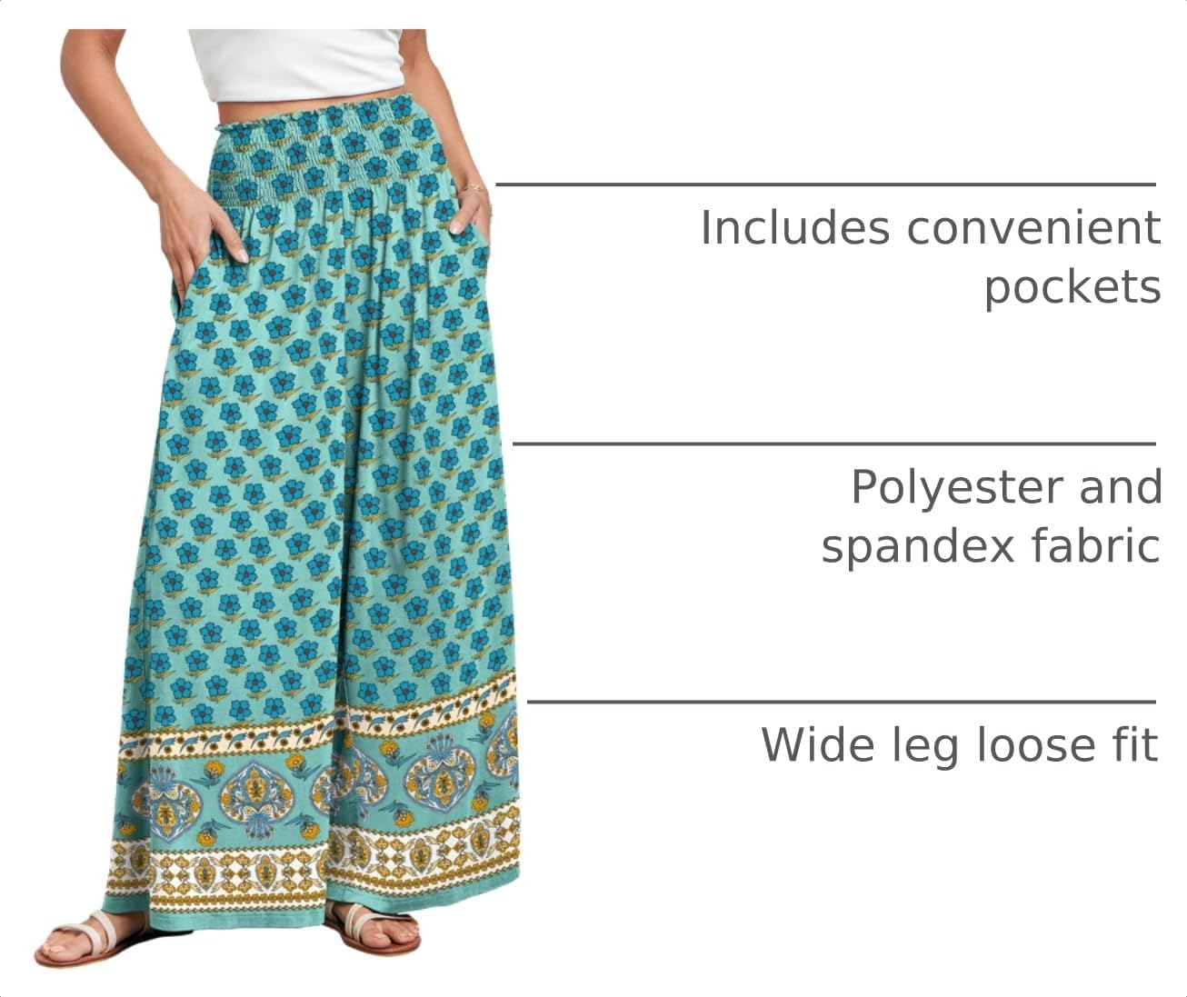Detalle 2 de ANRABESS Women Palazzo Pants Summer Boho Bagyy Wide Leg High Smocked Waist with Pockets