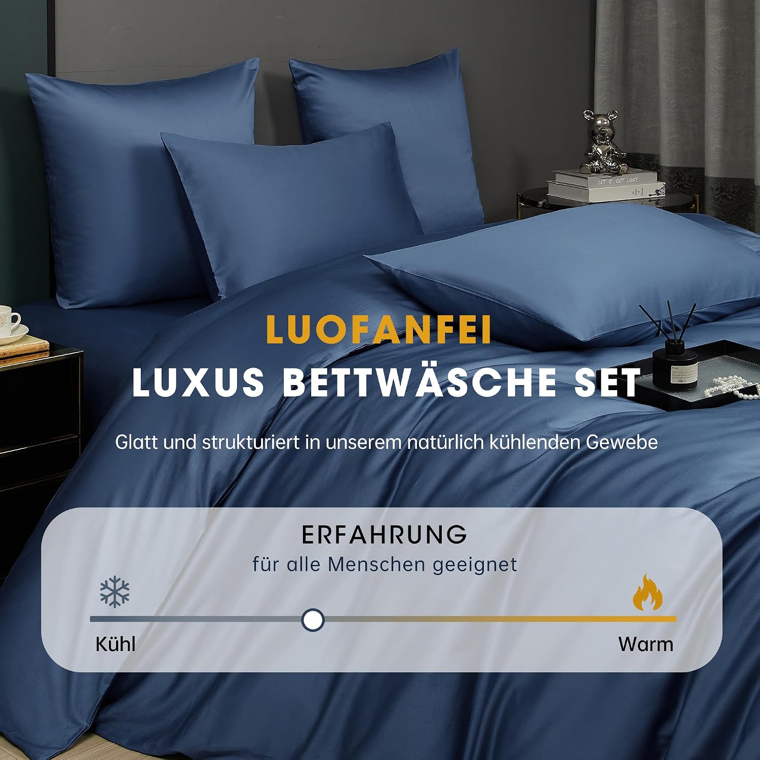Thumbnail 5 de Luofanfei Mako Satin Baumwolle Bettwäsche-Set 155x220 Blau kühlend, glatt (1 Bettbezug + 2 Kissenbezüge 80x80)