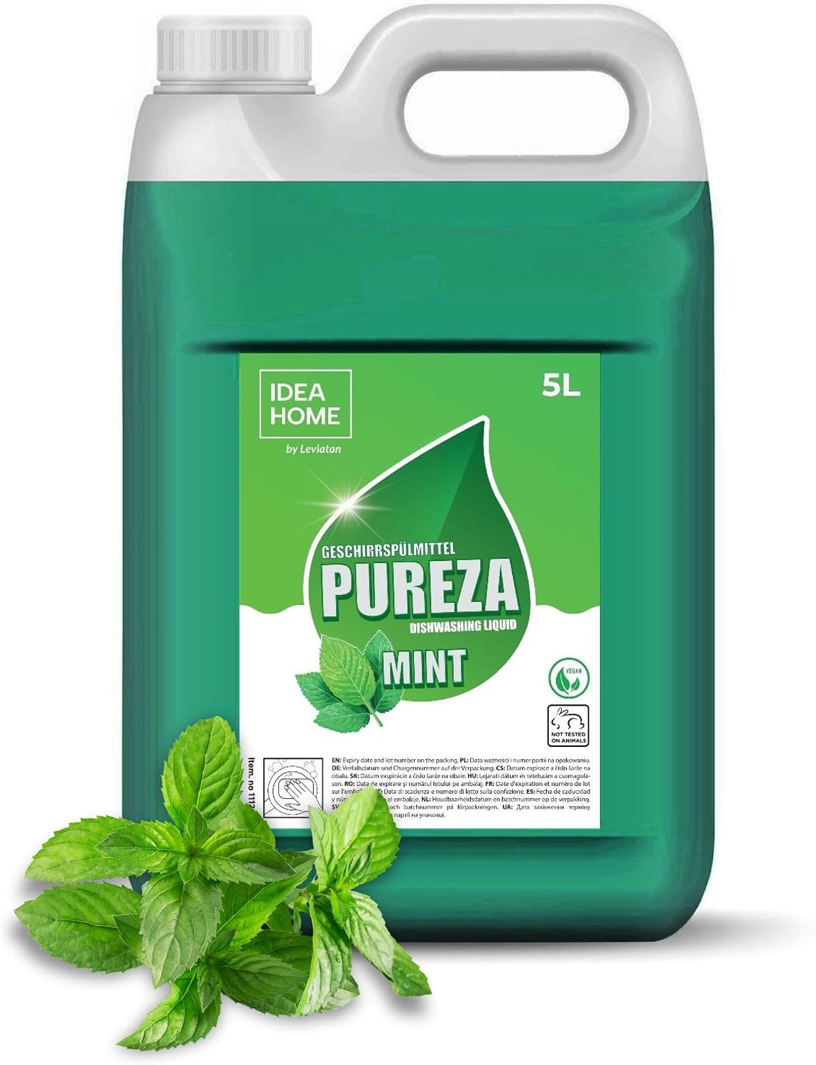 IDEA HOME Liquide Vaisselle 5L PUREZA – Puissant dégraissant à la menthe, vegan et doux pour les mains