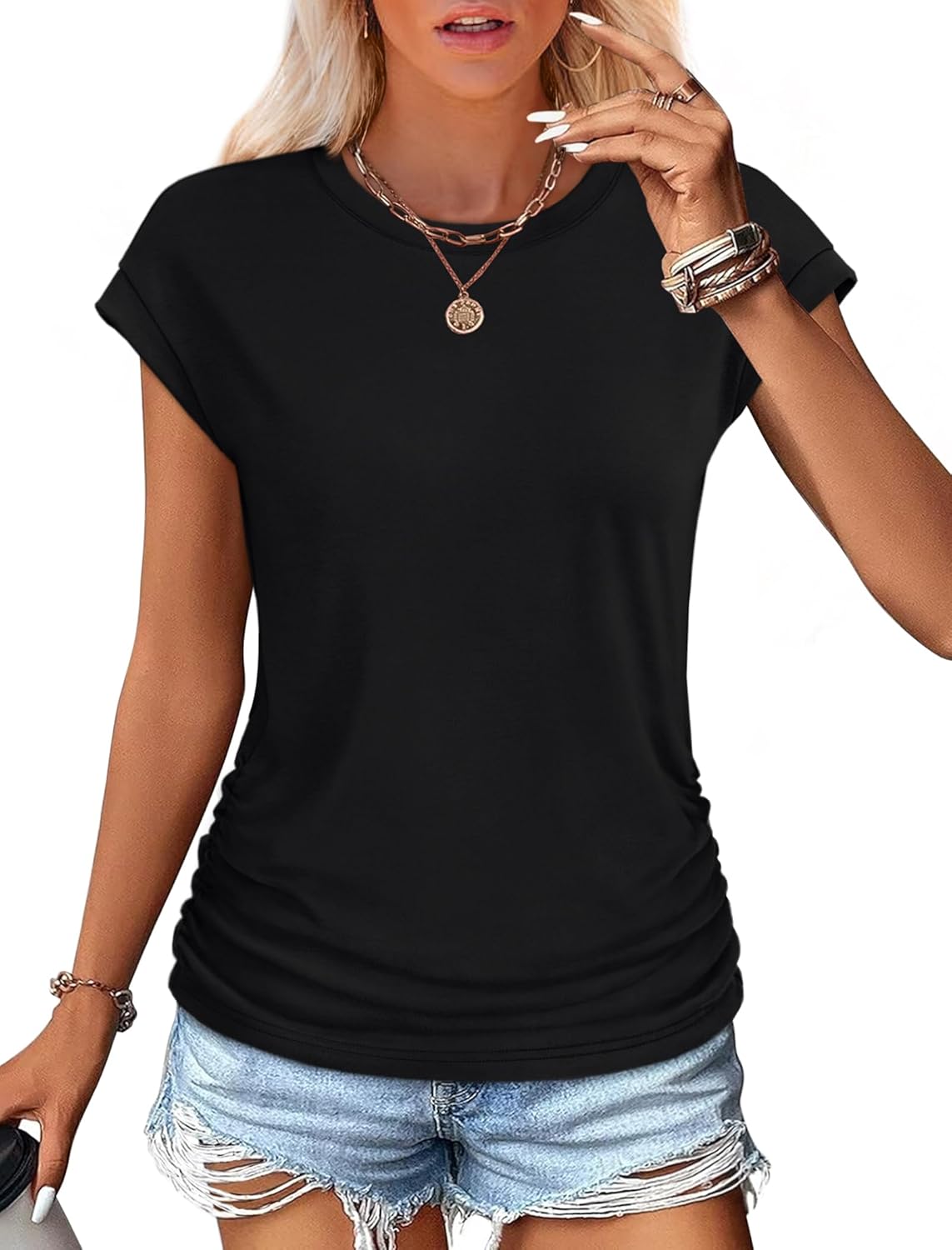 Detalle 2 de SAMPEEL Ruched Cap Sleeve Crew Neck T-Shirts for Women (Summer 2025)