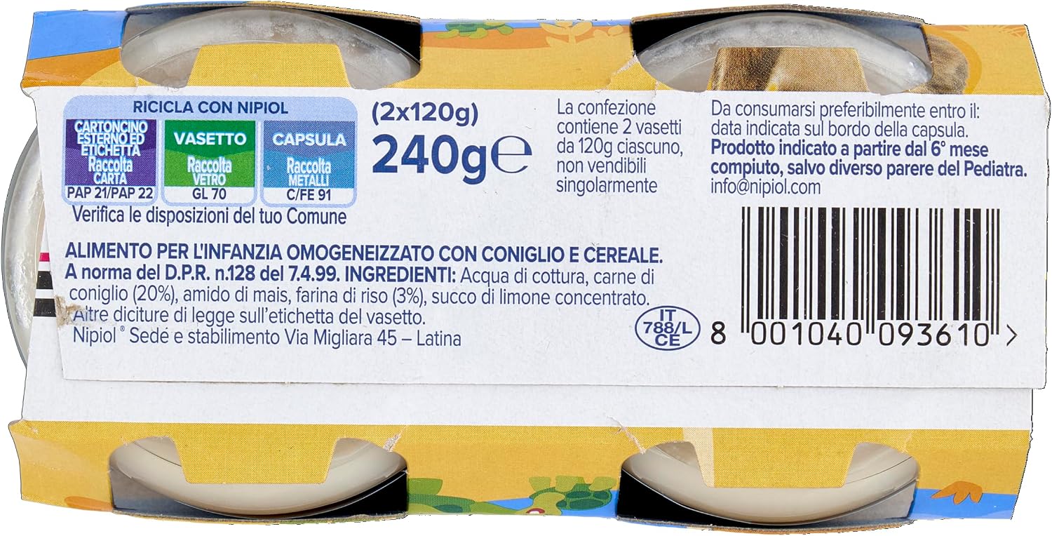 Thumbnail 6 de Nipiol Omogeneizzato Coniglio - 12 confezioni da 2x120 g