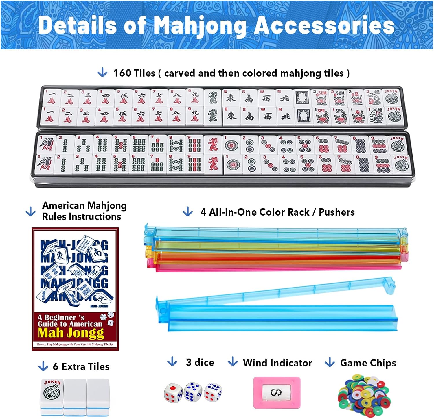 Thumbnail 4 de Kyerlish American Mahjong Tile Set with Pink Carrying Bag (166 Tiles, 4 Racks/Pushers) — Complete Travel Mahjong Game