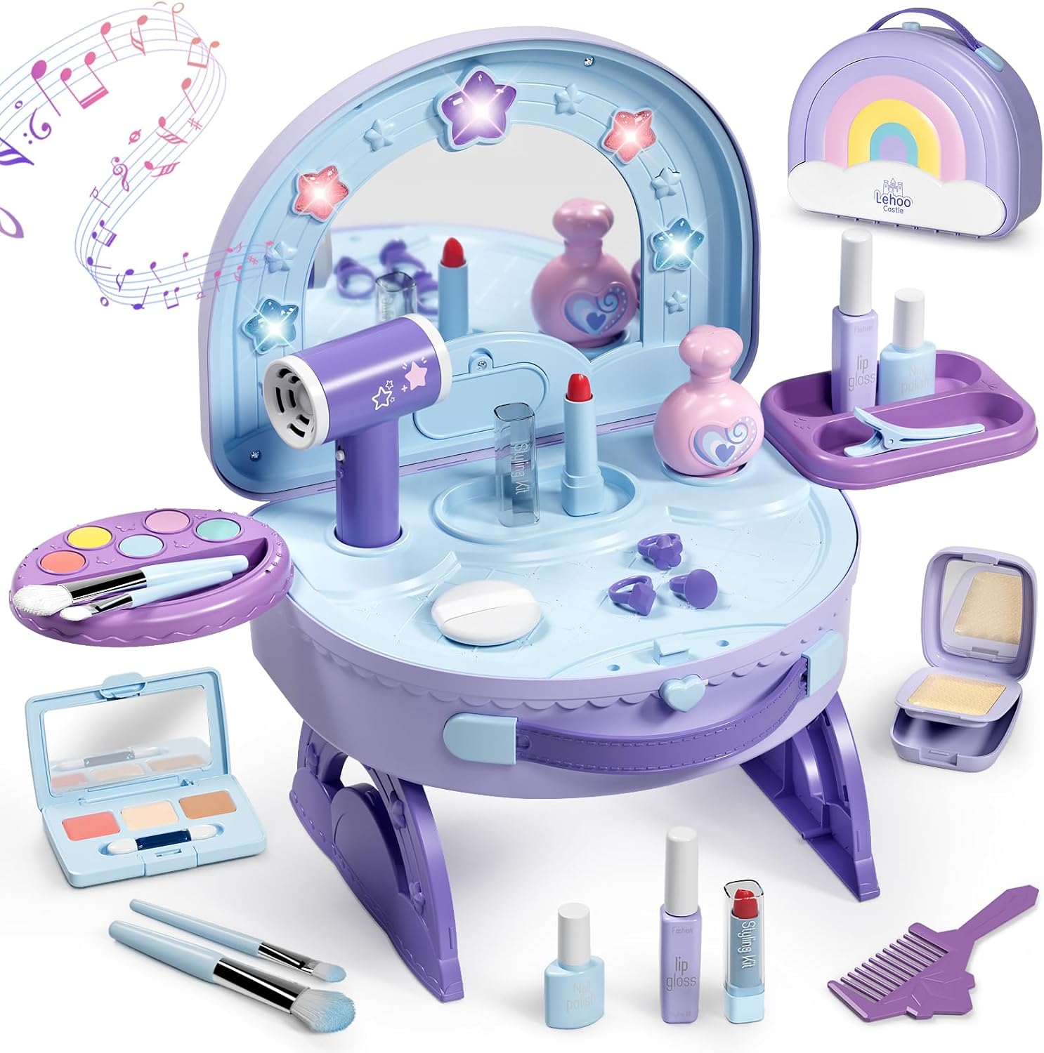 Detalle de Lehoo Castle Kids Vanity: 2-in-1 Portable Dressing Table with Pretend Makeup Set for 3–5 Year Old Girls