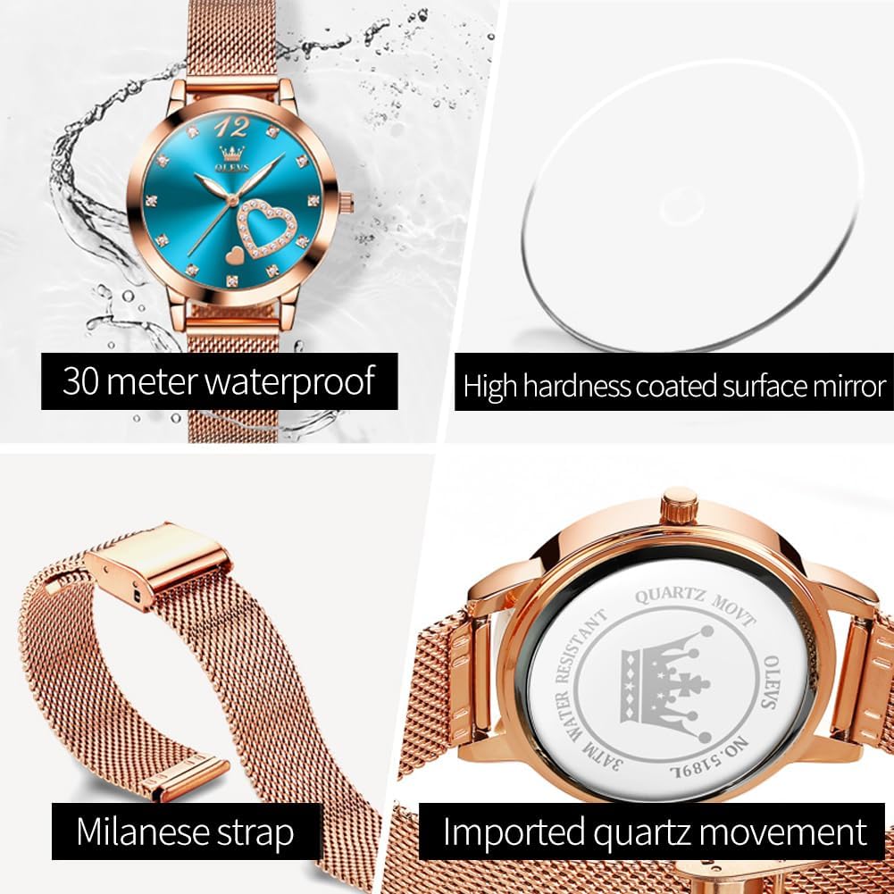 Detalle 2 de OLEVS Montre pour Femme Or Rose avec cœur Diamant – étanche 30 m, cadran cœur et mouvement quartz japonais