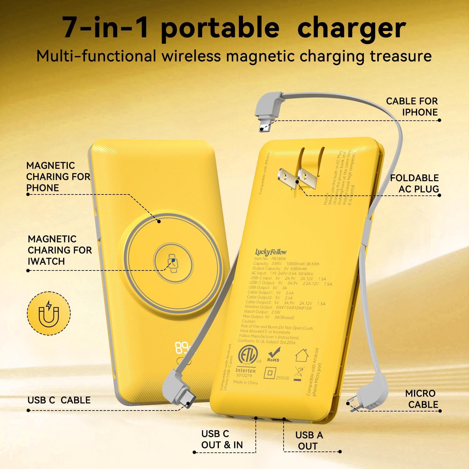 Detalle de LUCKYFELLOW PB180W 10,000mAh Wireless Power Bank with Built-In Cables