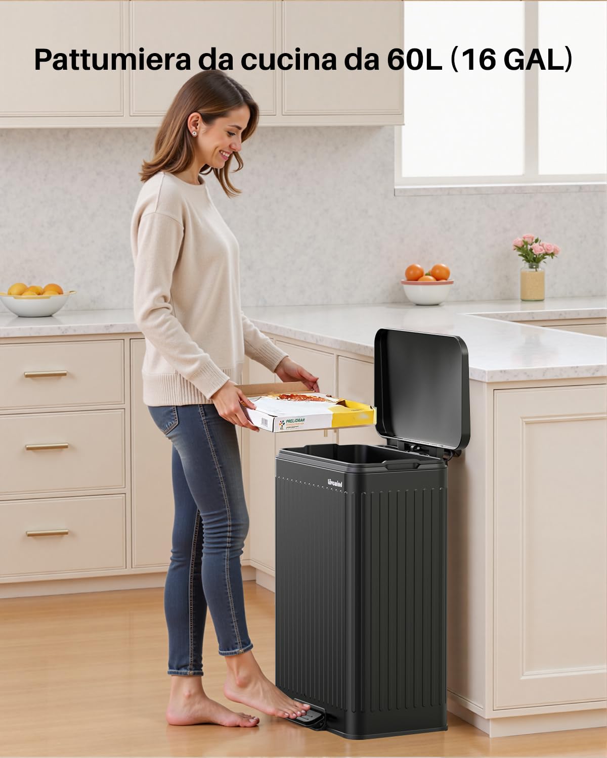 Detalle 2 de lovewind Bidone Spazzatura 60L Cucina Acciaio Inox Nero 🗑